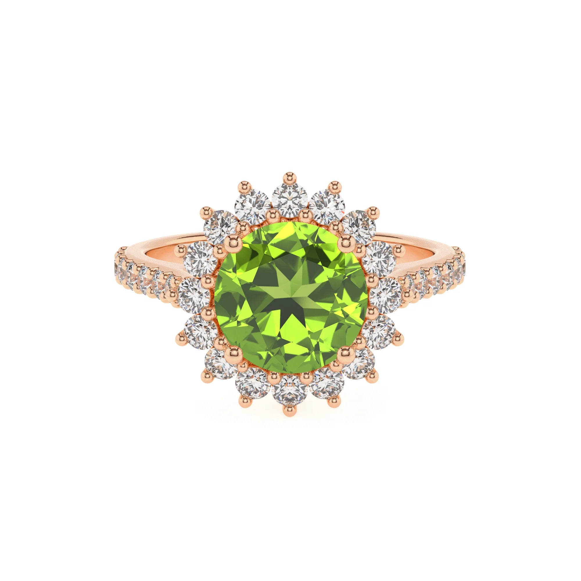 natural peridot round solitaire rings in rose gold