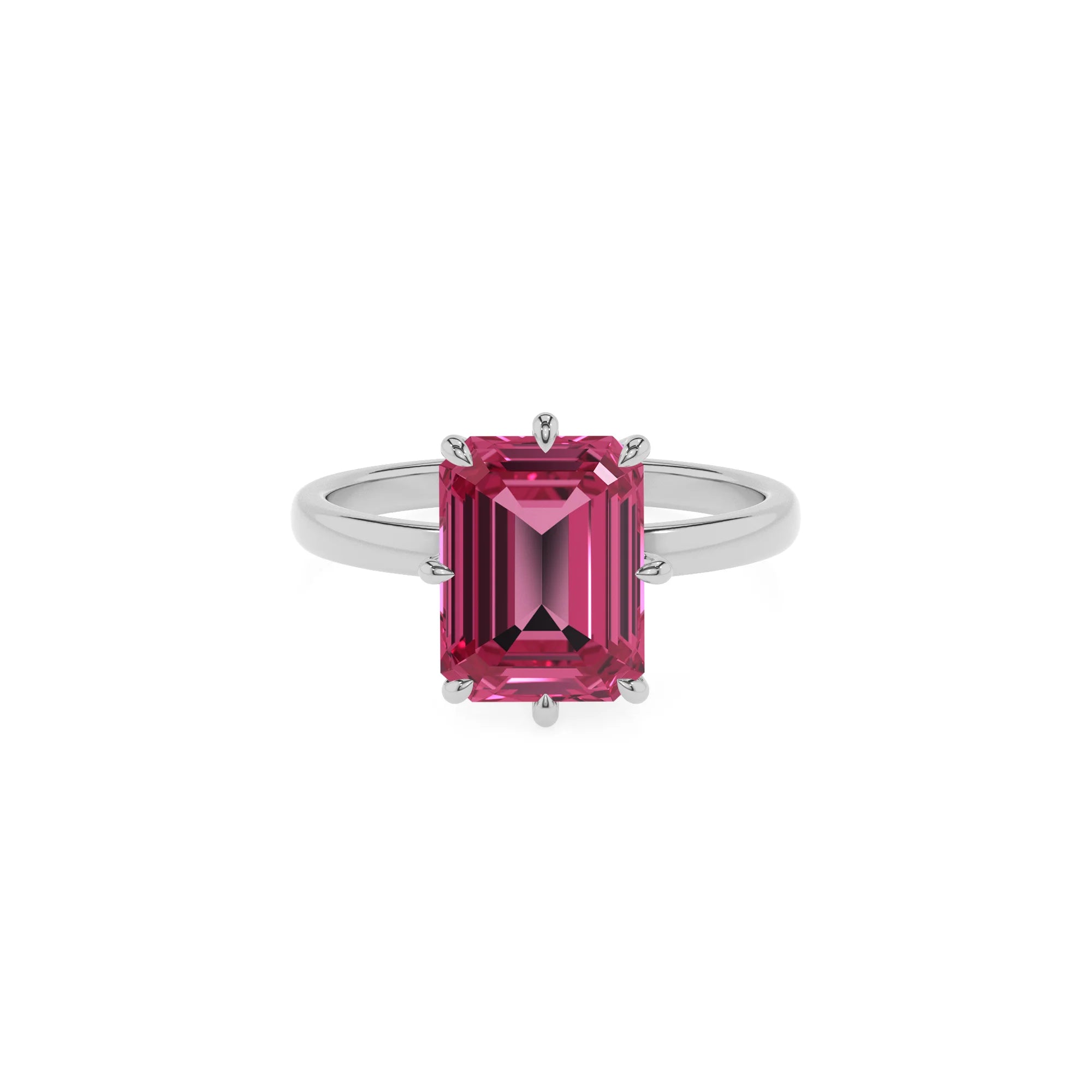 lab grown pink-tourmaline emerald cut solitaire rings in sterling silver