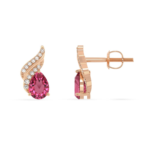 lab grown pink tourmaline pear stud earrings in rose gold