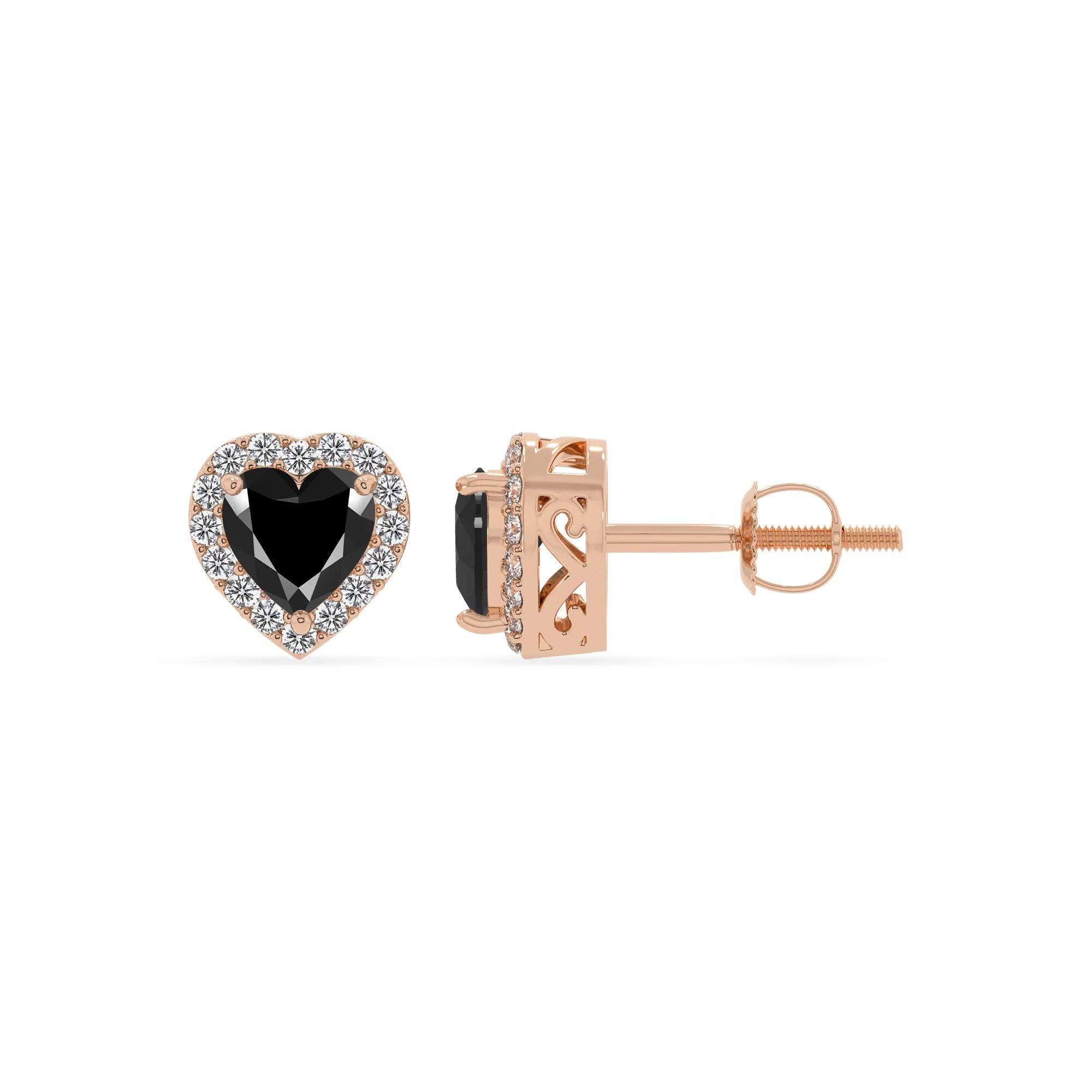 natural black onyx heart stud earrings in rose gold