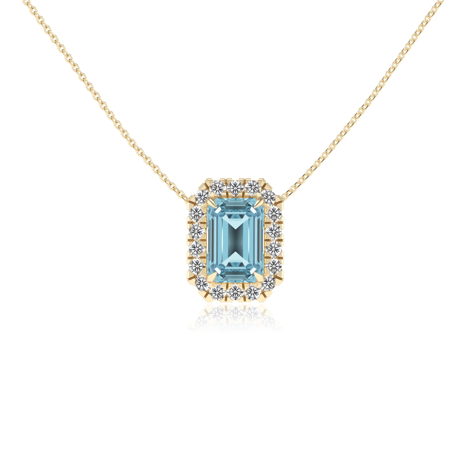 lab grown aquamarine emerald cut solitaire necklaces in yellow gold