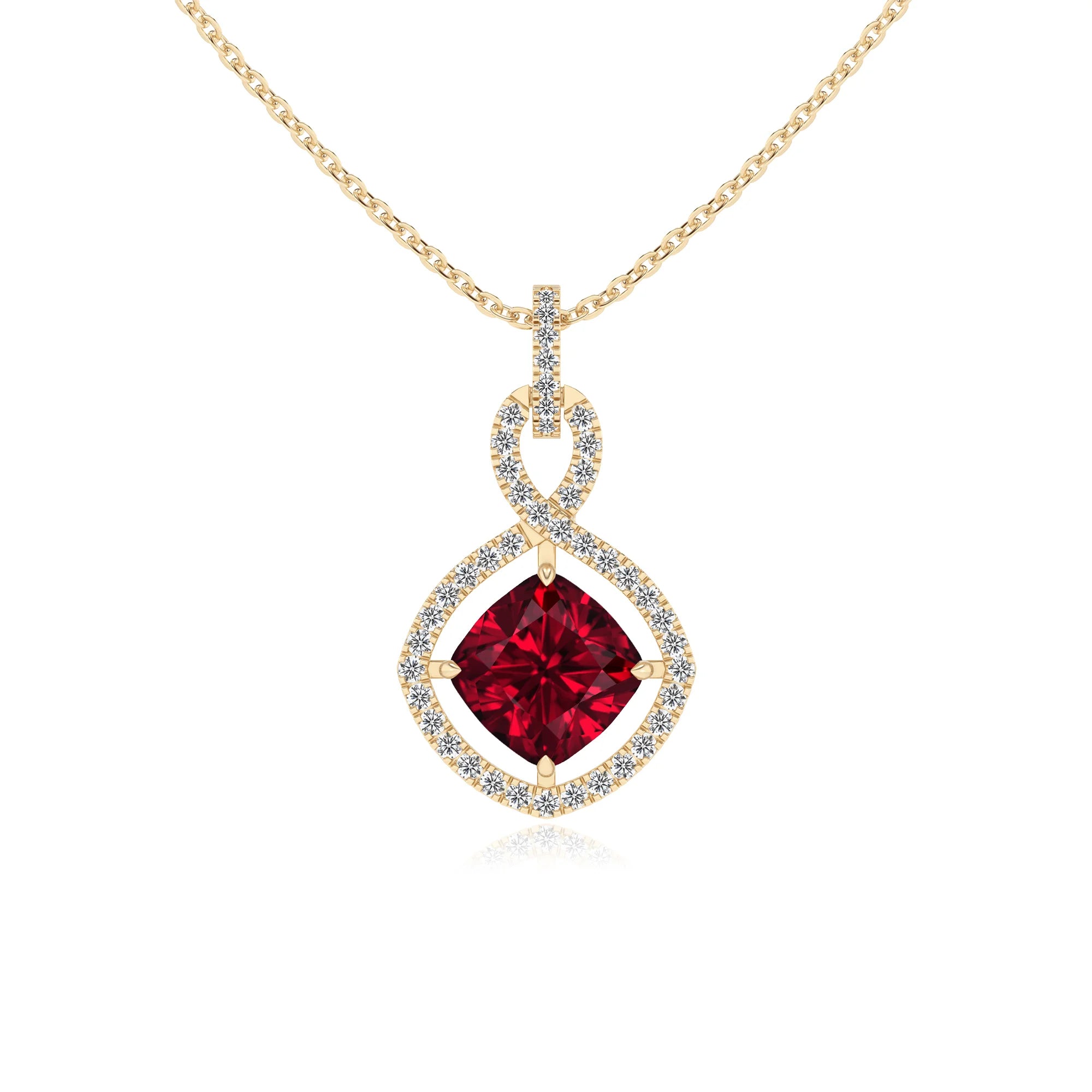 lab grown ruby cushion infinity necklaces in yellow gold