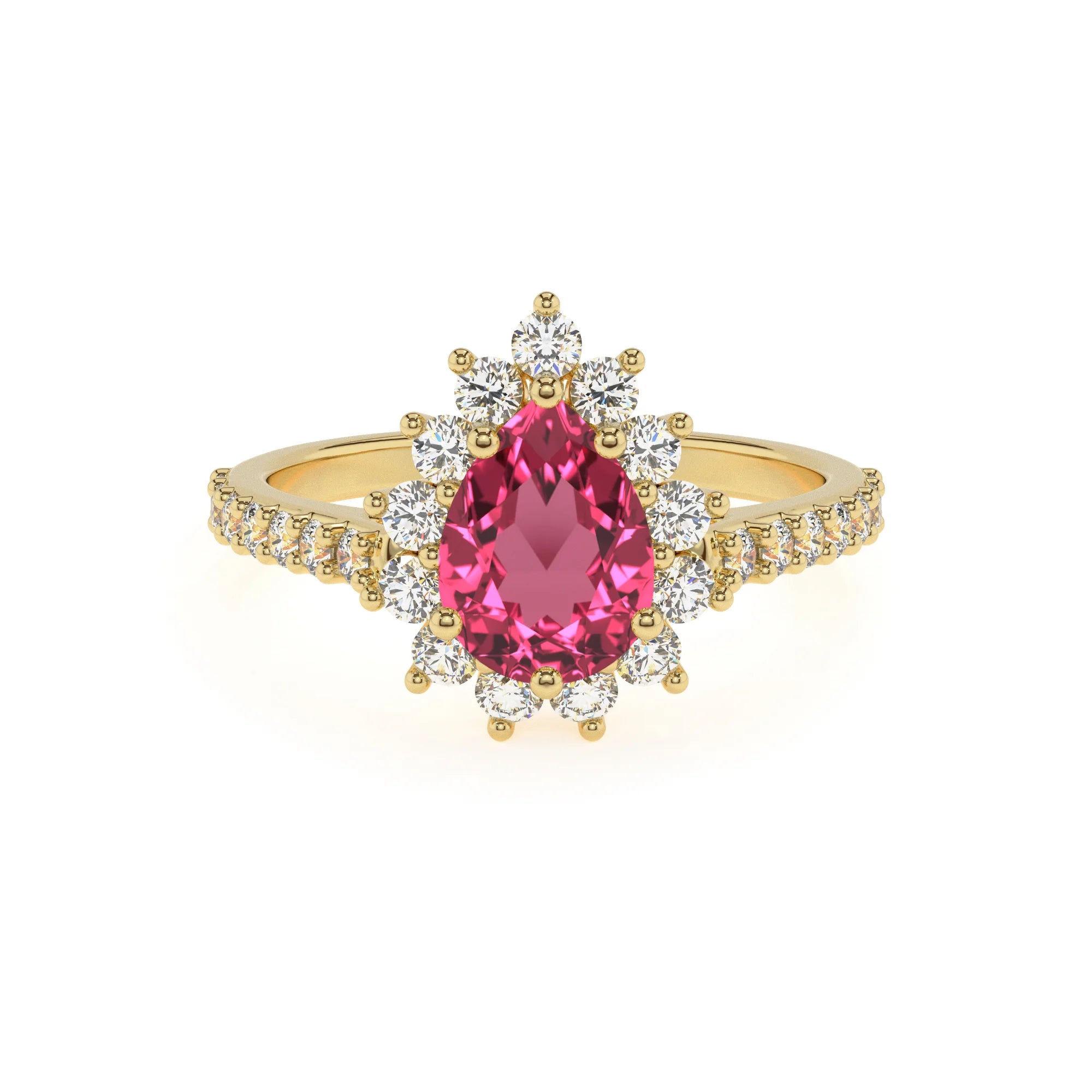 lab grown pink-tourmaline pear solitaire rings in yellow gold