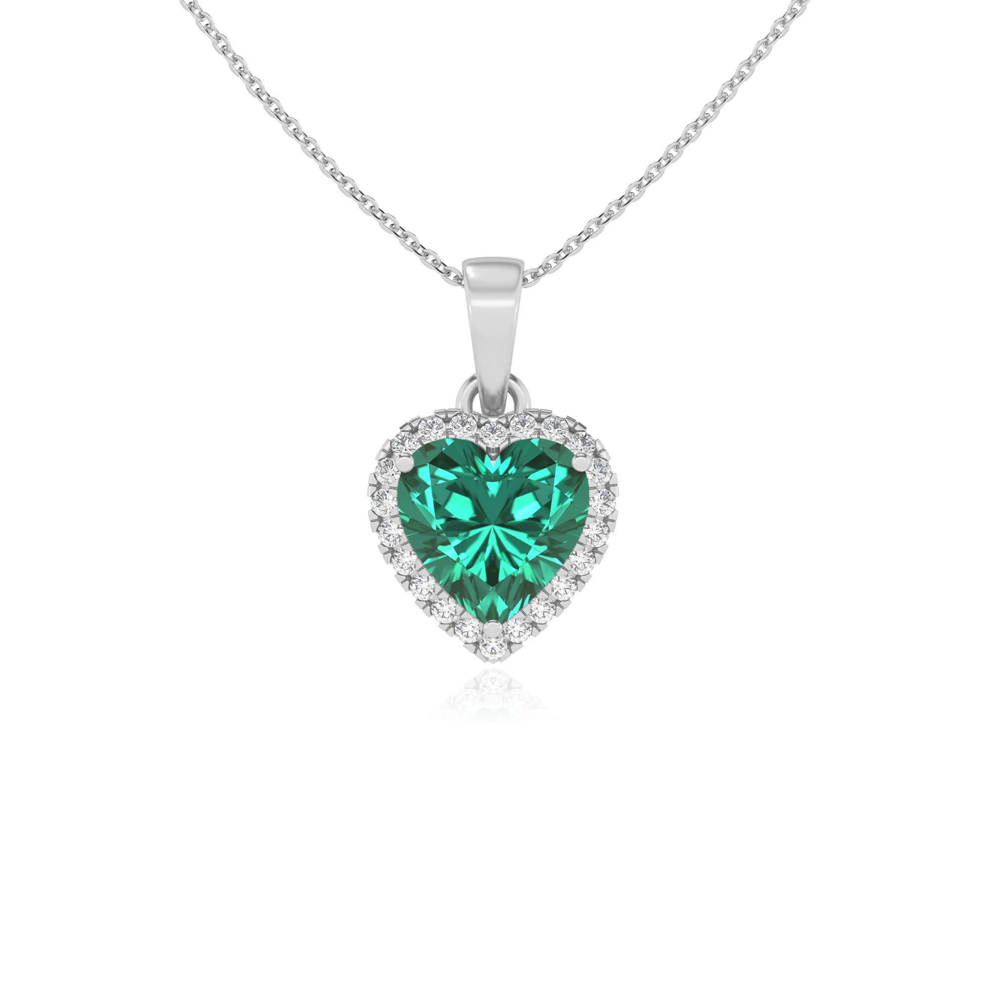 lab grown emerald heart solitaire necklaces in white gold
