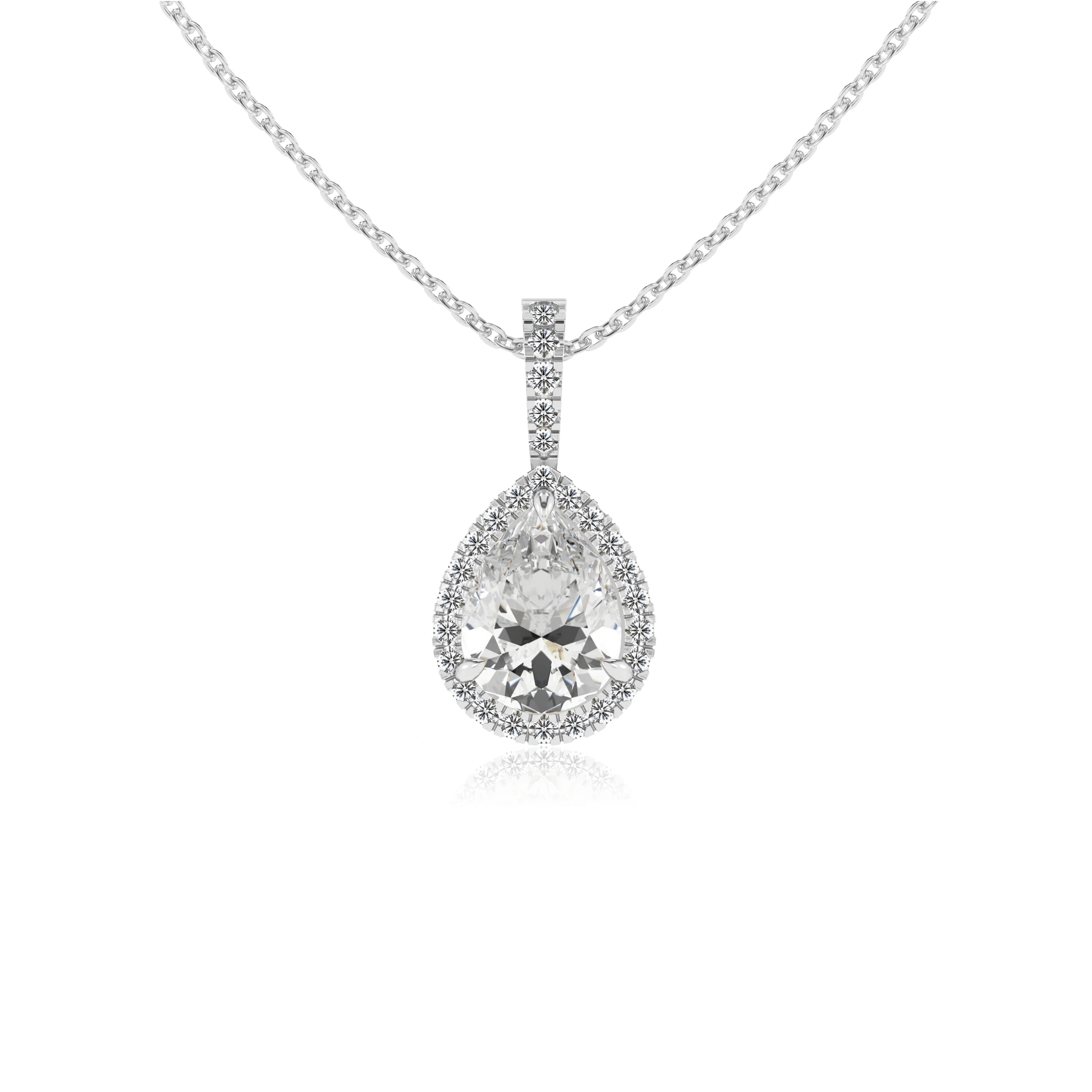 lab grown moissanite pear solitaire necklaces in platinum