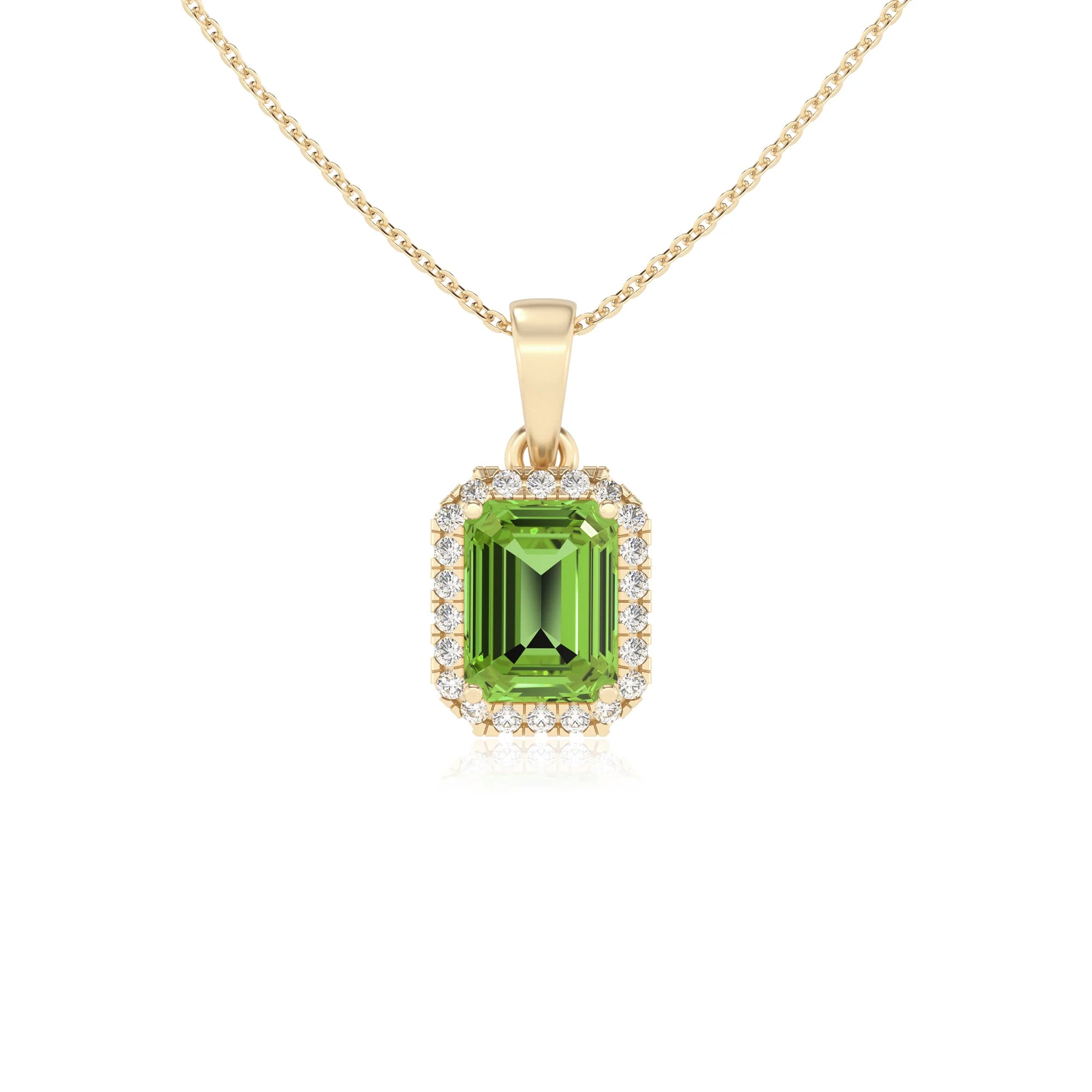 natural peridot emerald cut solitaire necklaces in yellow gold