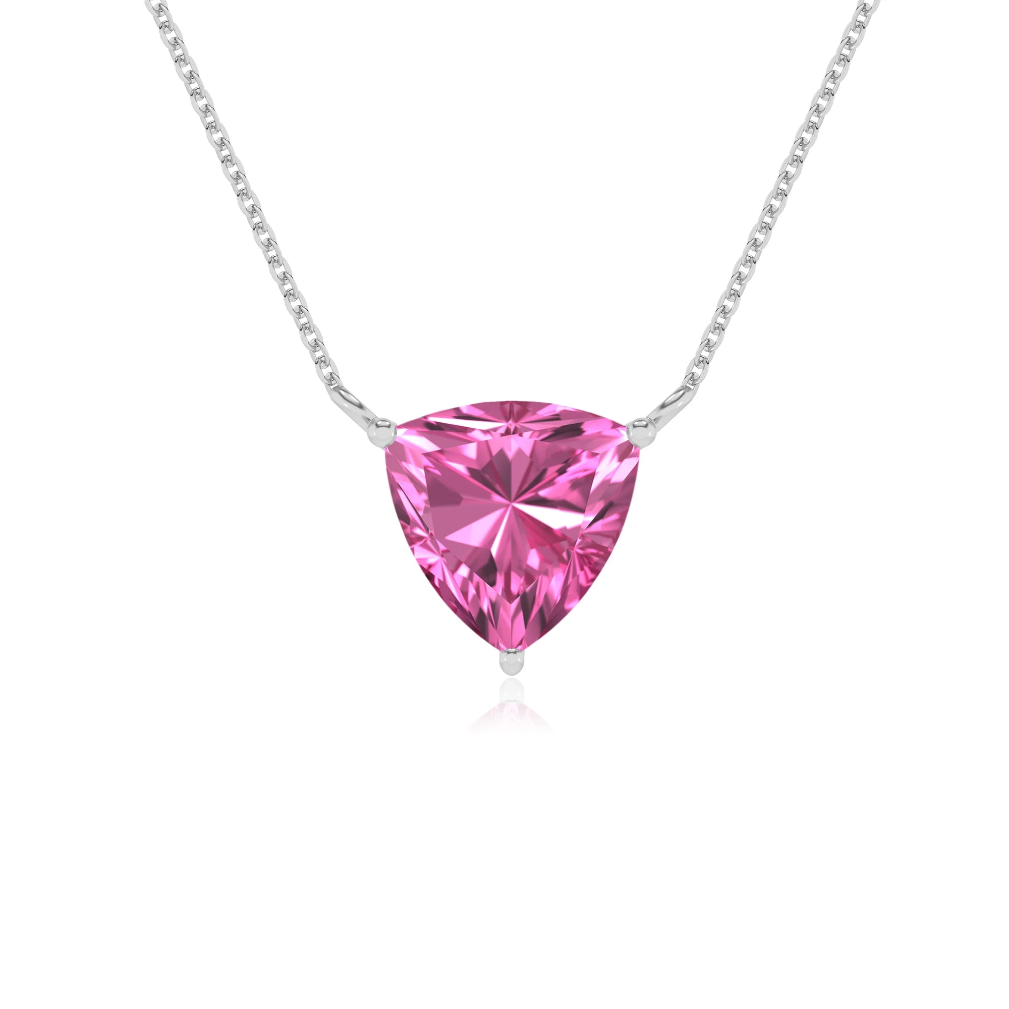 lab grown pink-sapphire trillion solitaire necklaces in sterling silver