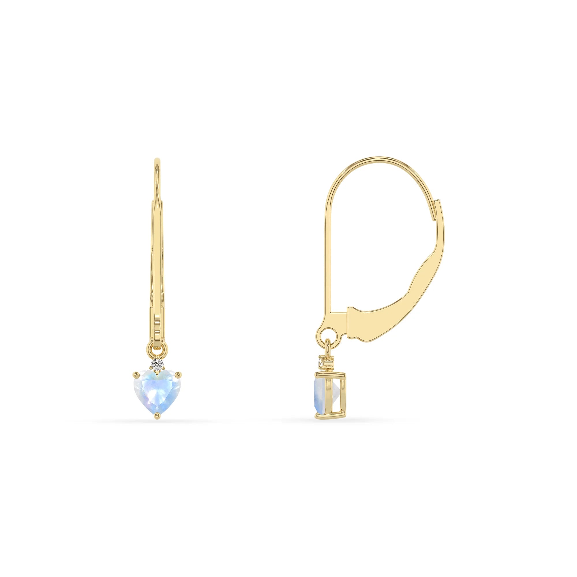 natural rainbow moonstone heart drop earrings in yellow gold
