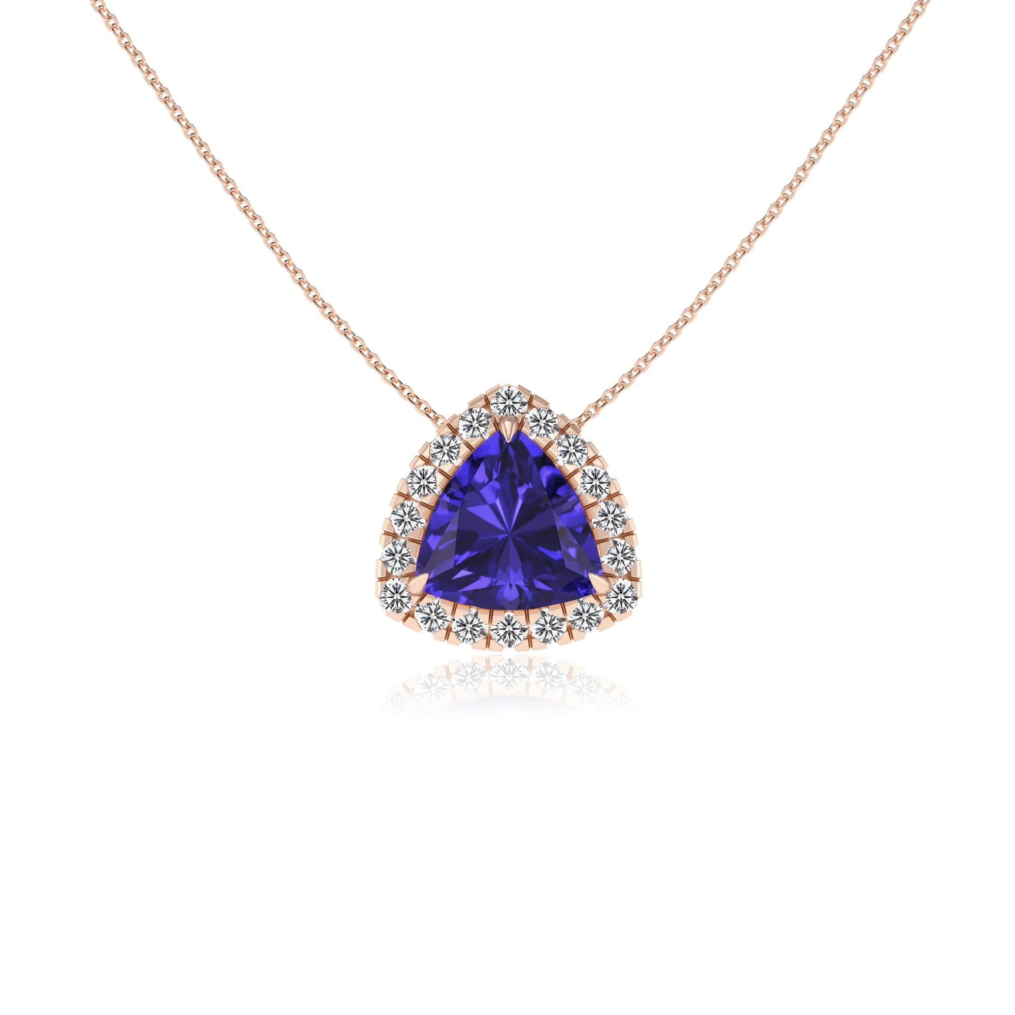 lab grown tanzanite trillion solitaire necklaces in rose gold