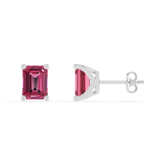lab grown pink tourmaline emerald cut stud earrings in sterling silver