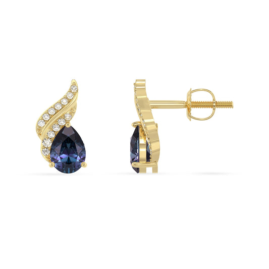 lab grown alexandrite pear stud earrings in yellow gold