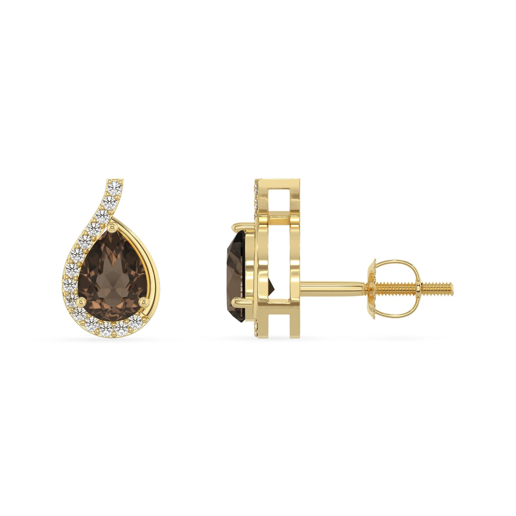 natural smoky quartz pear stud earrings in yellow gold