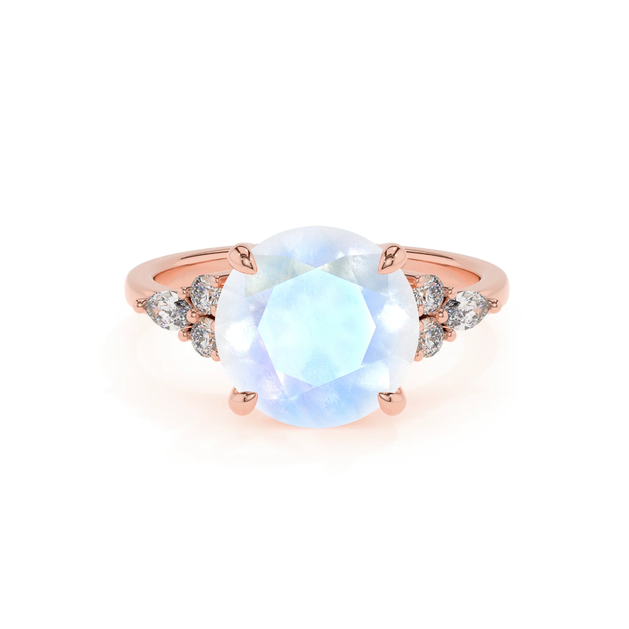 natural rainbow-moonstone round solitaire rings in rose gold