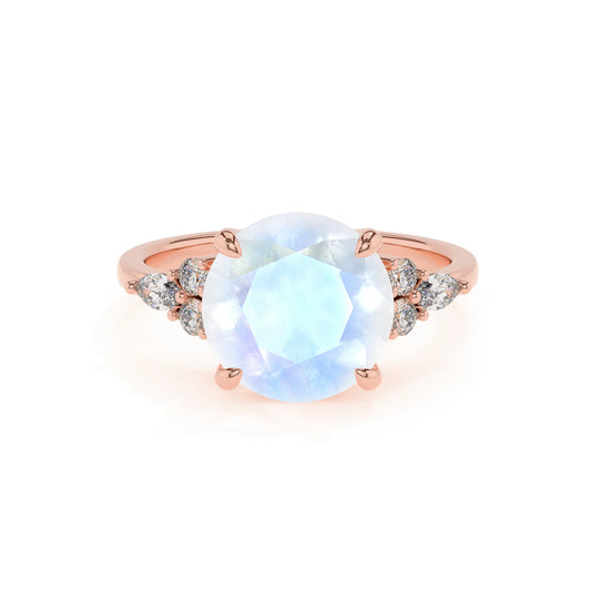 natural rainbow-moonstone round solitaire rings in rose gold