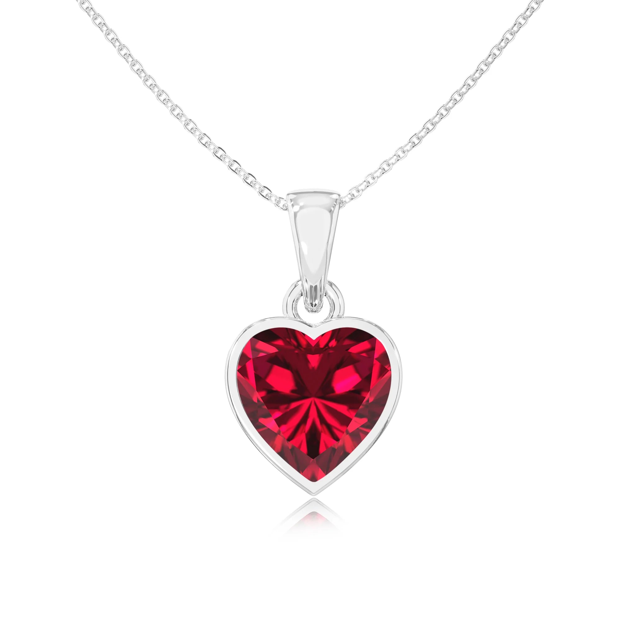 lab grown ruby heart solitaire necklaces in white gold