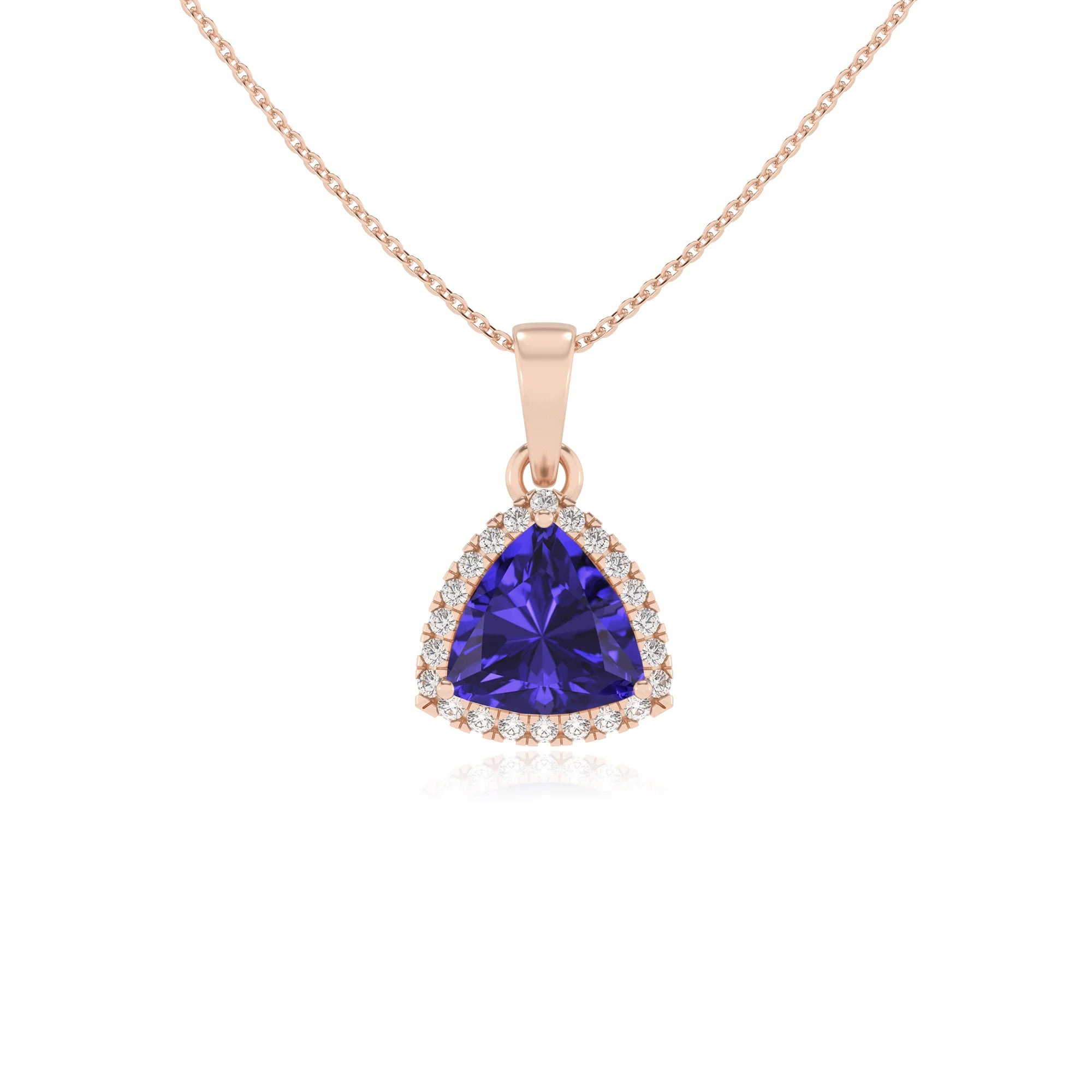 lab grown tanzanite trillion solitaire necklaces in rose gold