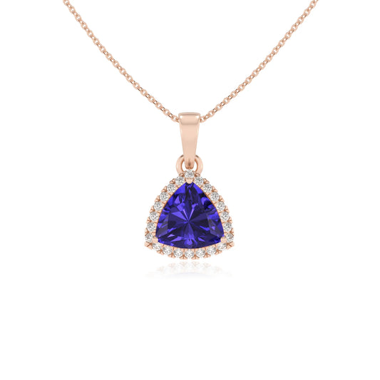lab grown tanzanite trillion solitaire necklaces in rose gold