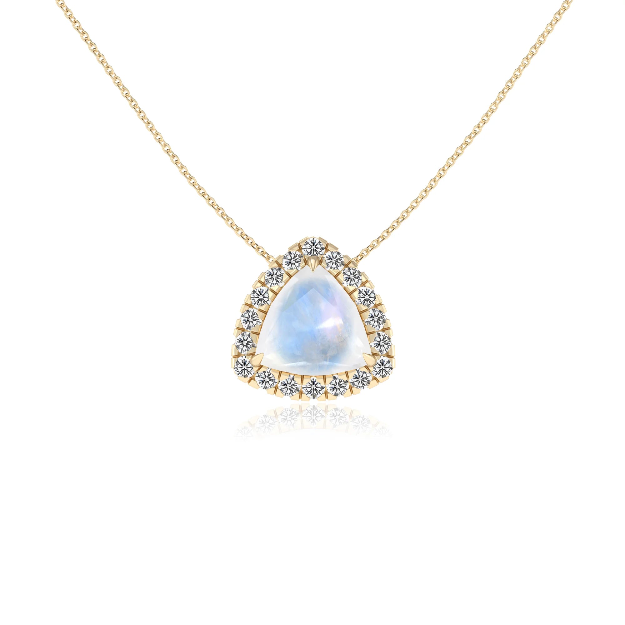 natural rainbow moonstone trillion solitaire necklaces in yellow gold
