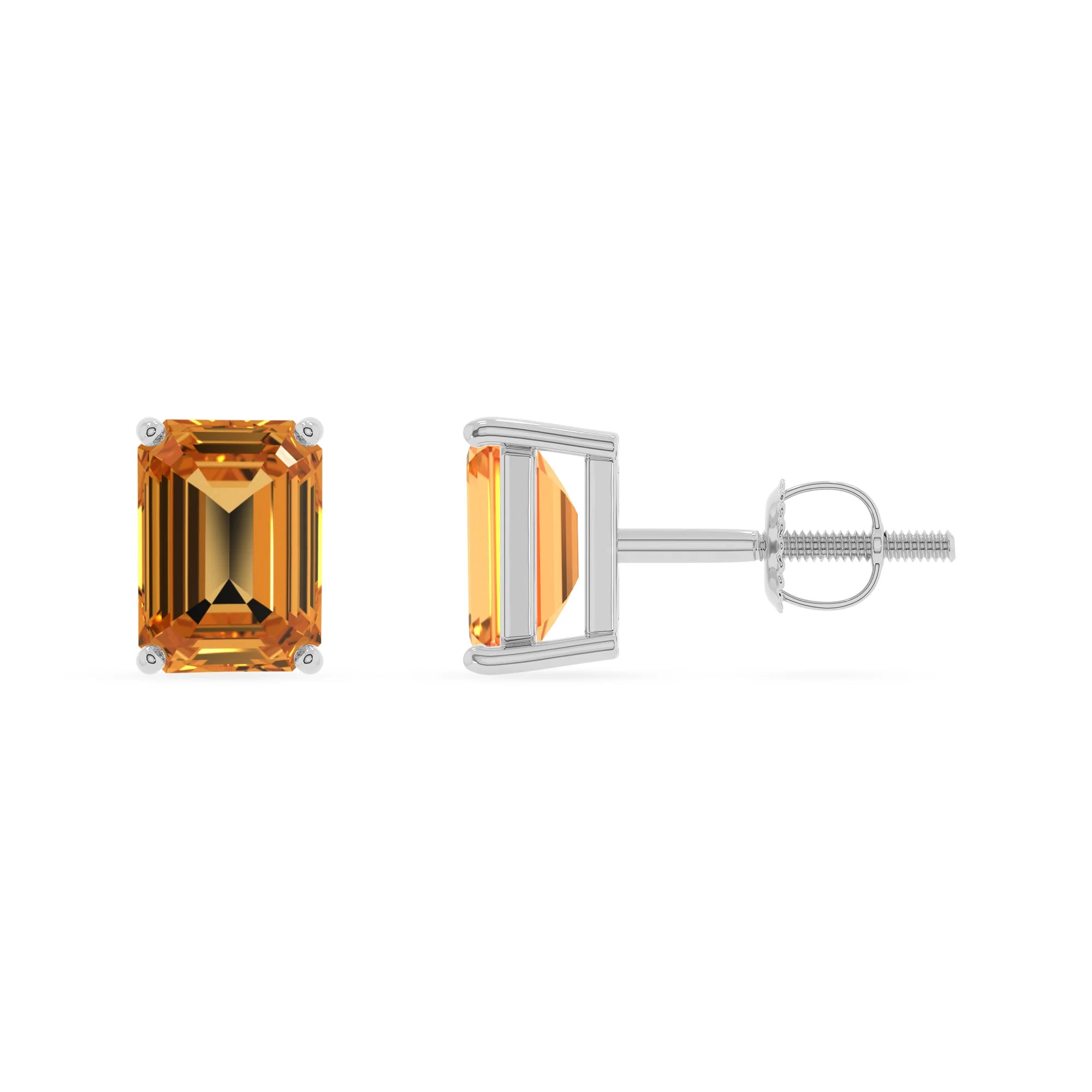 lab grown citrine emerald cut stud earrings in white gold