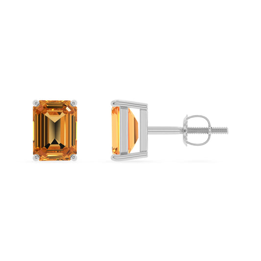 lab grown citrine emerald cut stud earrings in white gold