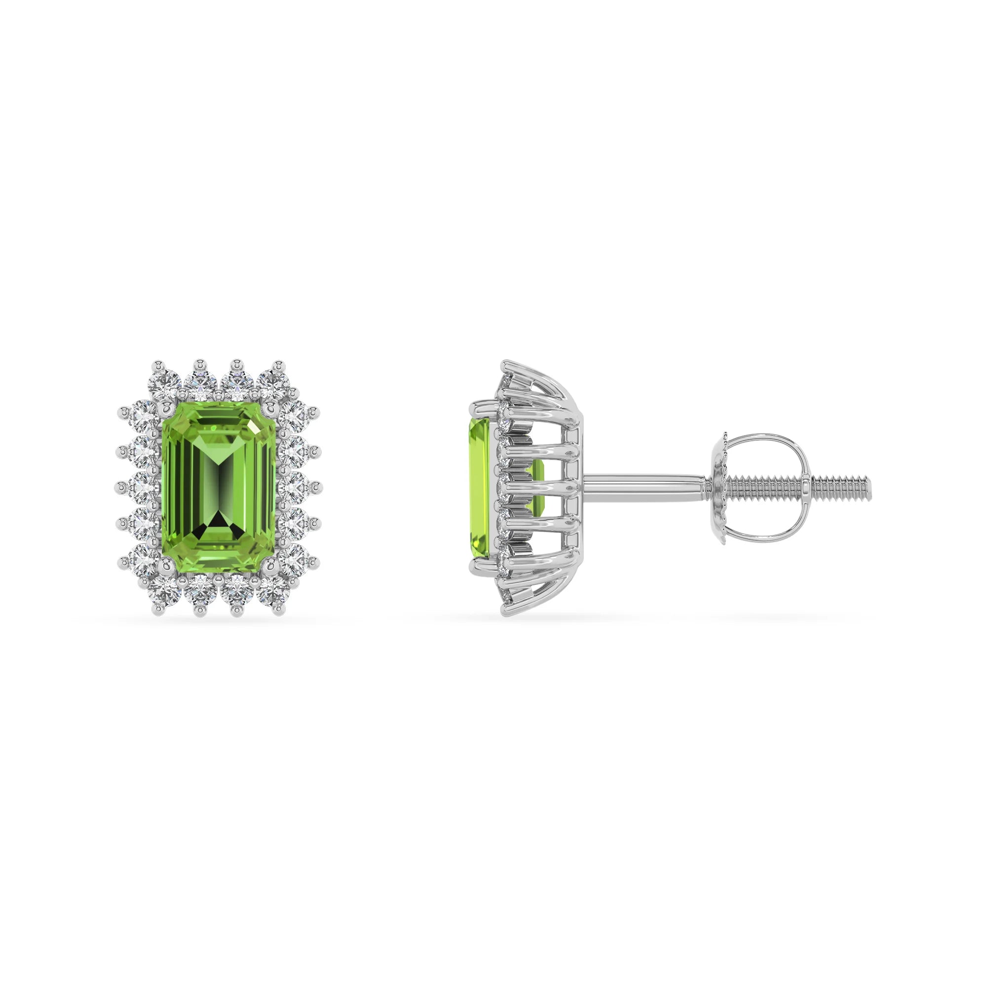 natural peridot emerald cut stud earrings in white gold