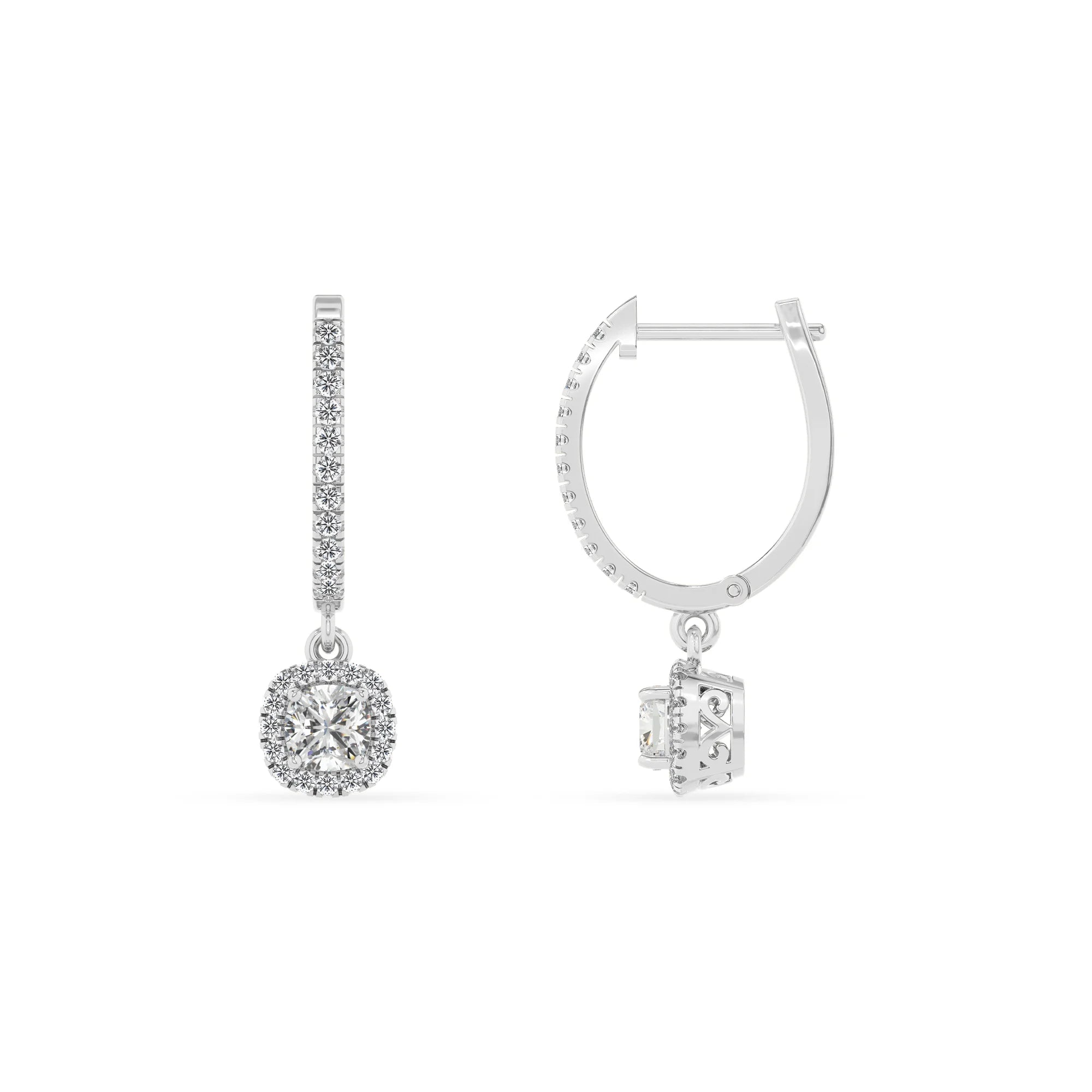 lab grown moissanite cushion drop earrings in sterling silver
