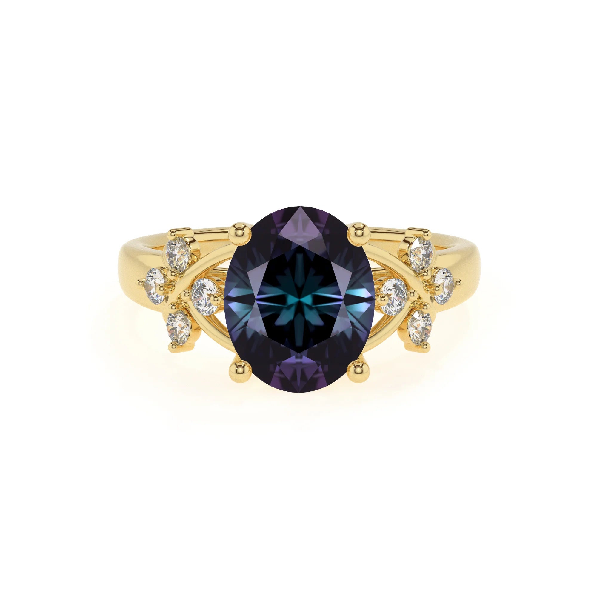 lab grown alexandrite oval solitaire rings in yellow gold