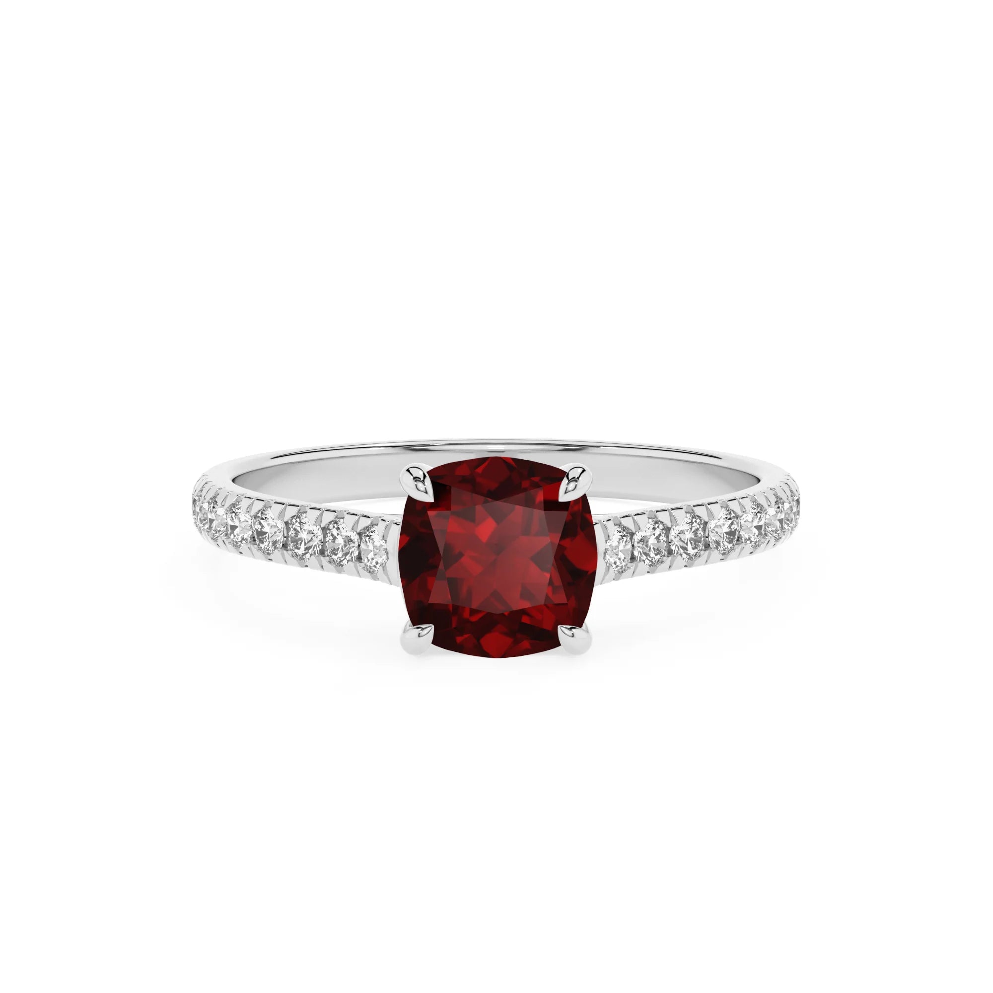 natural garnet cushion half eternity solitaire engagement rings in platinum