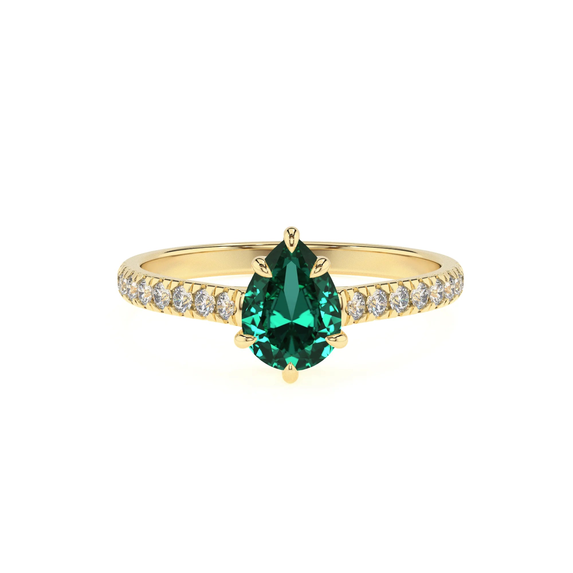 lab grown emerald pear half eternity solitaire engagement rings in yellow gold