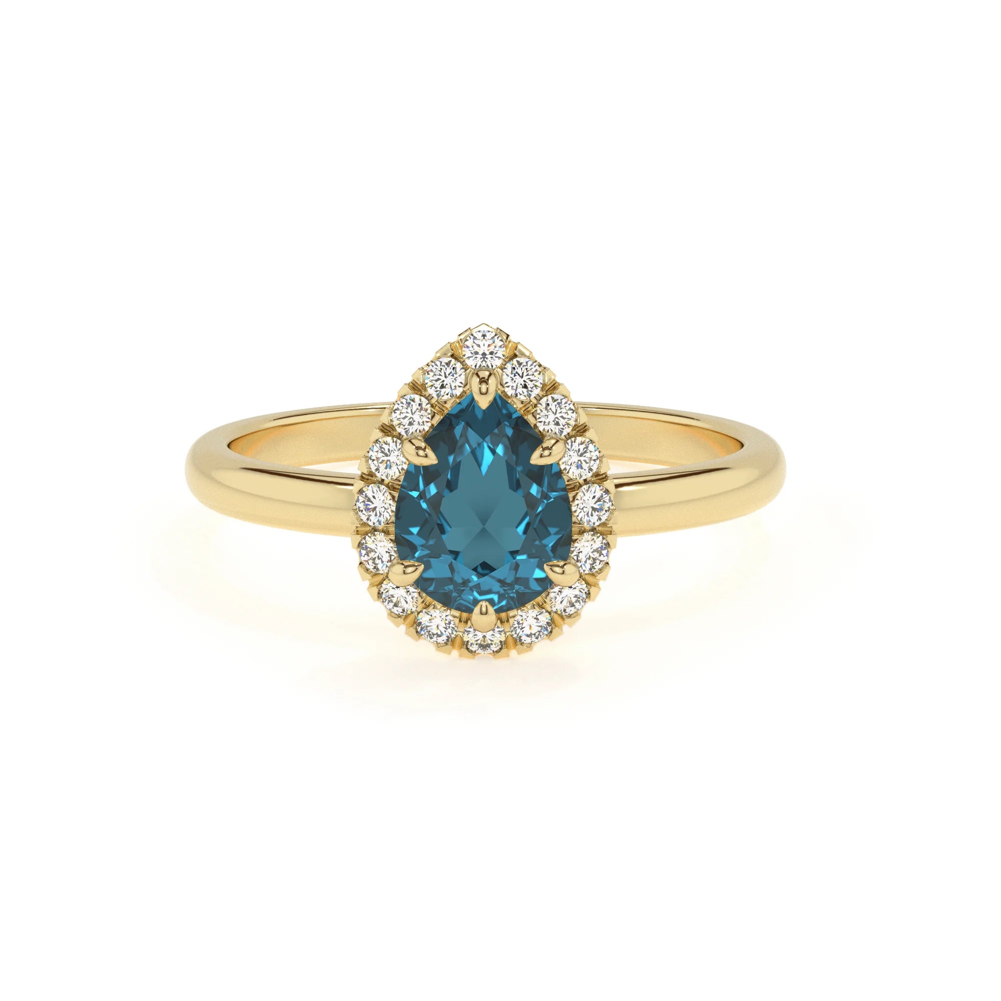 natural london-blue-topaz pear solitaire rings in yellow gold
