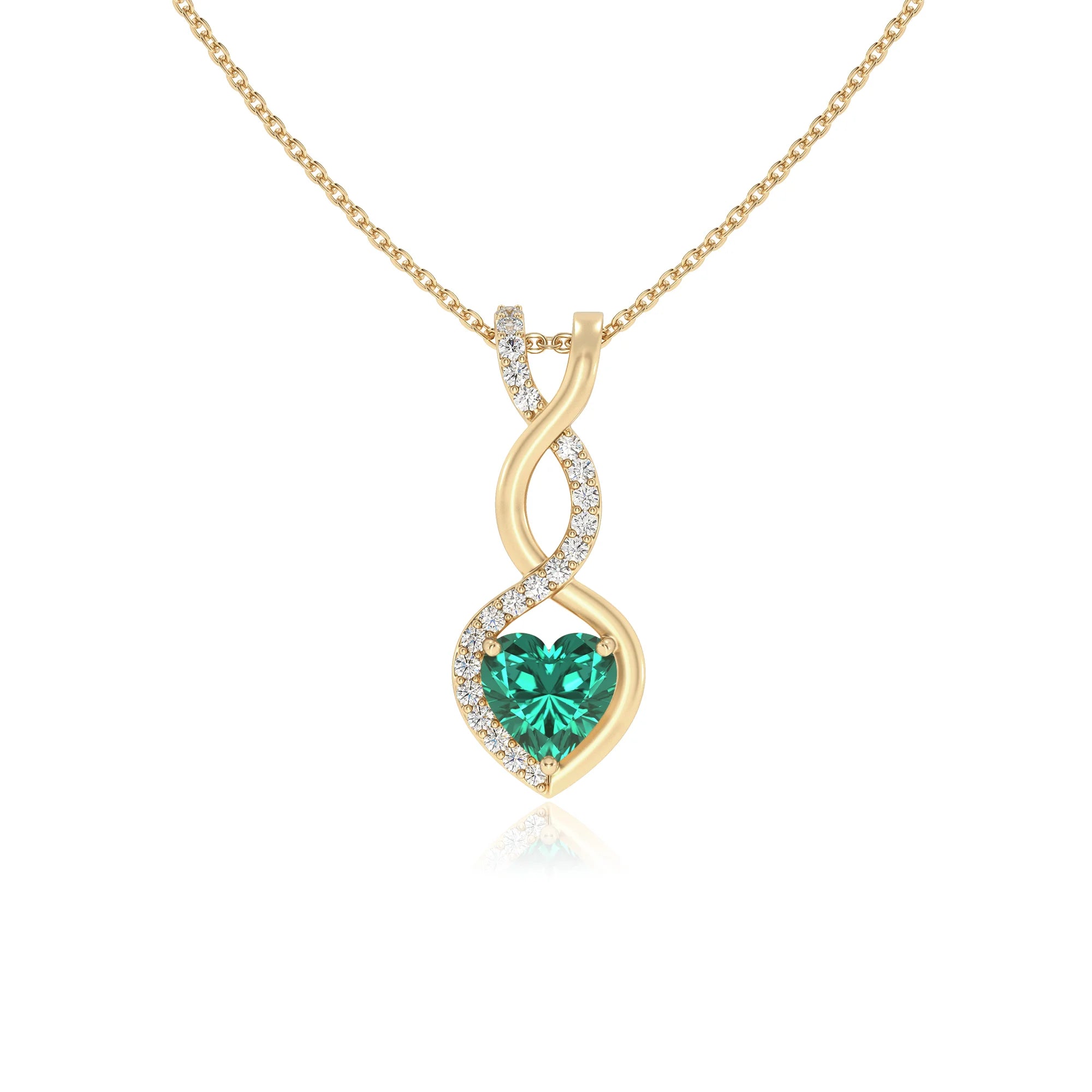 lab grown emerald heart infinity necklaces in yellow gold