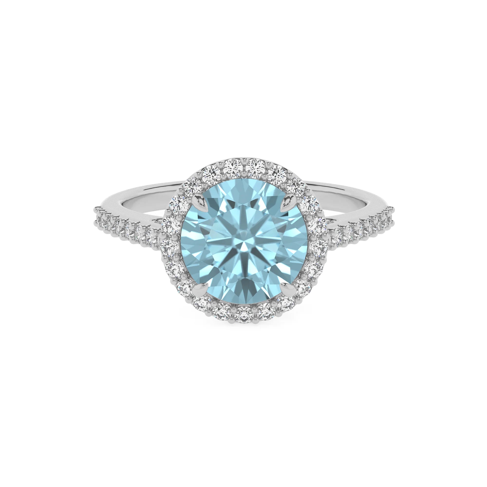 lab grown aquamarine round solitaire rings in sterling silver