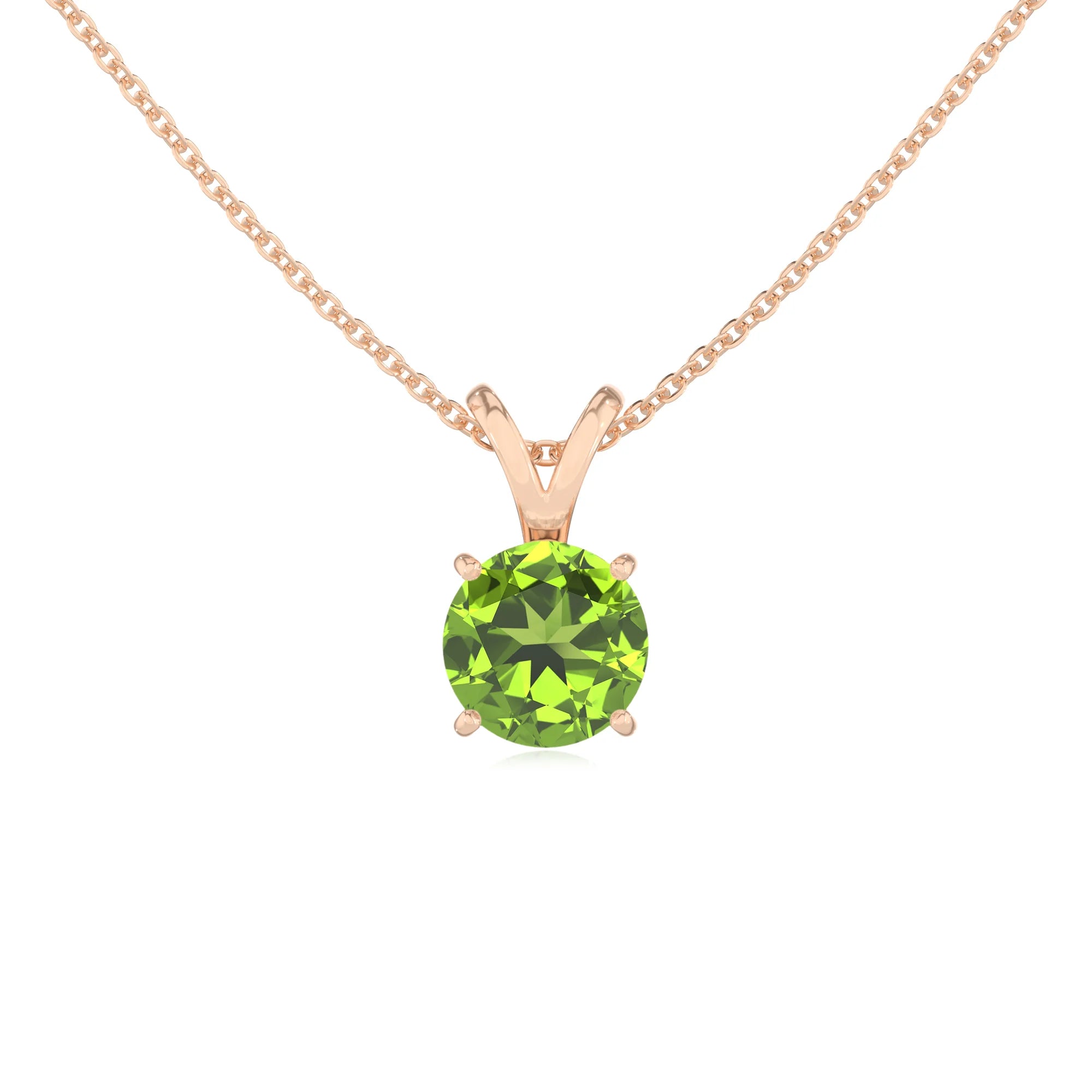 natural peridot round solitaire v-bale necklaces in rose gold