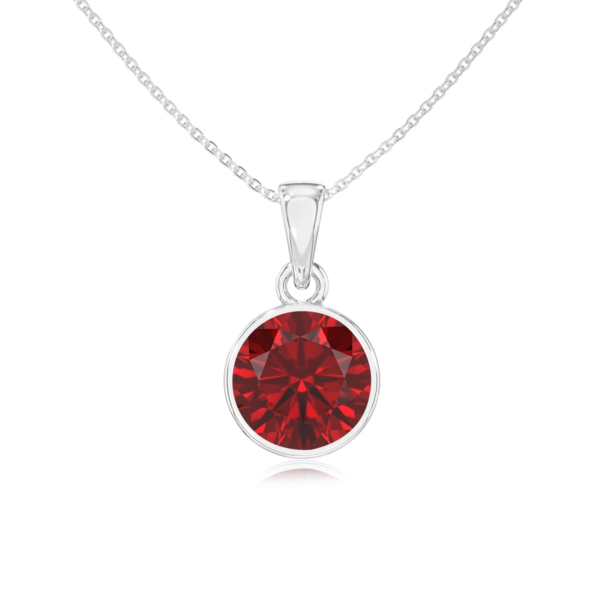 lab grown ruby round solitaire necklaces in white gold