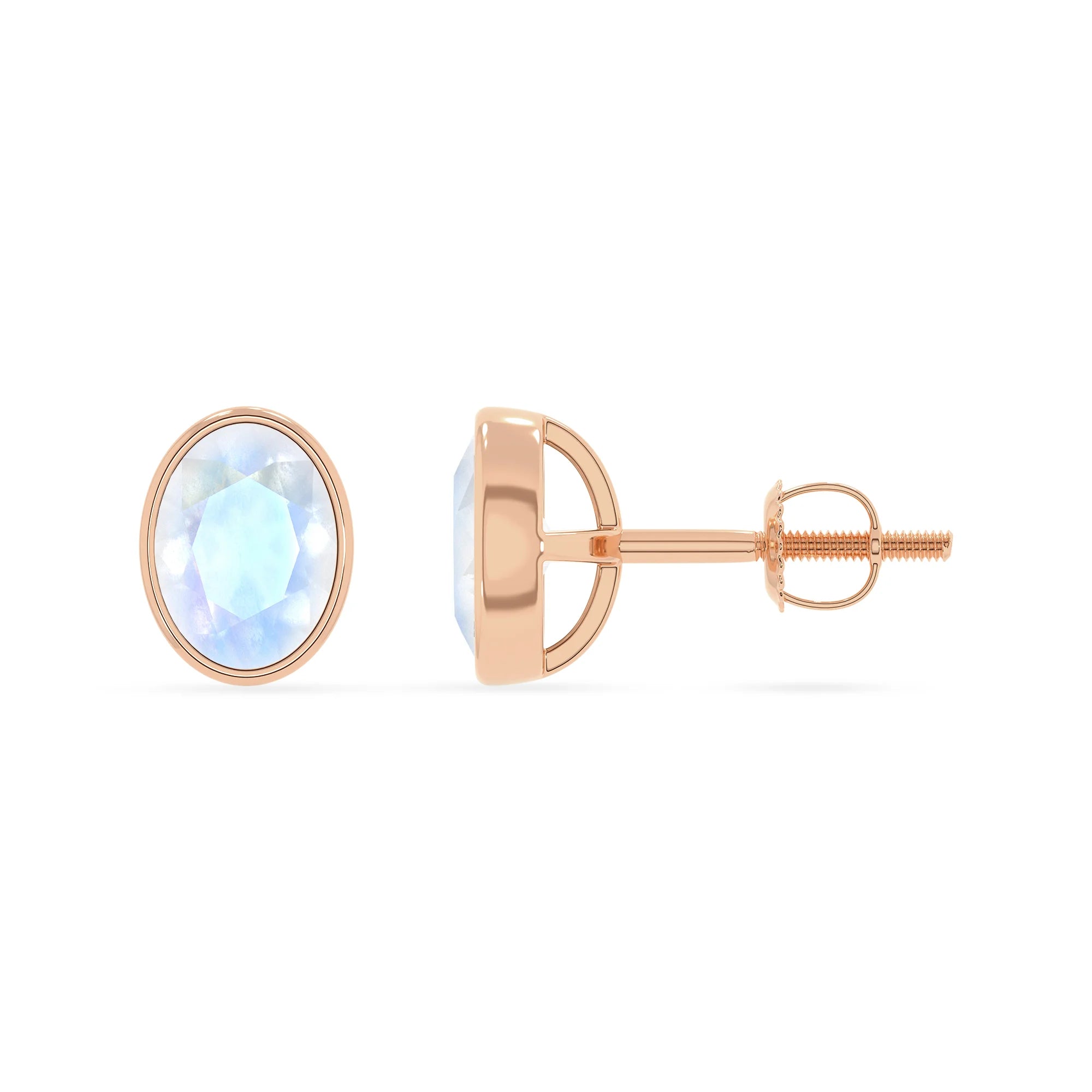 natural rainbow moonstone oval stud earrings in rose gold