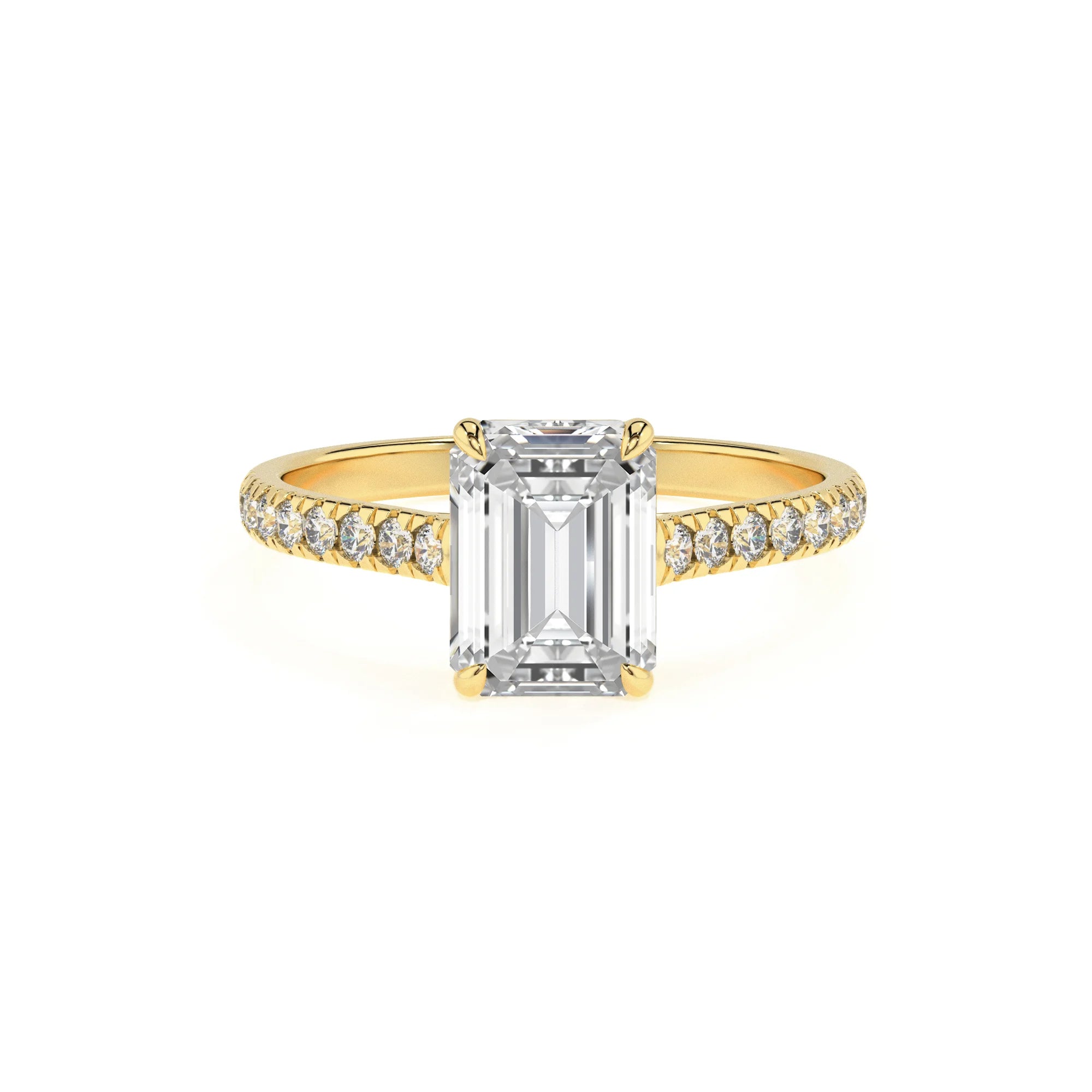 lab grown moissanite emerald cut half eternity solitaire engagement rings in yellow gold