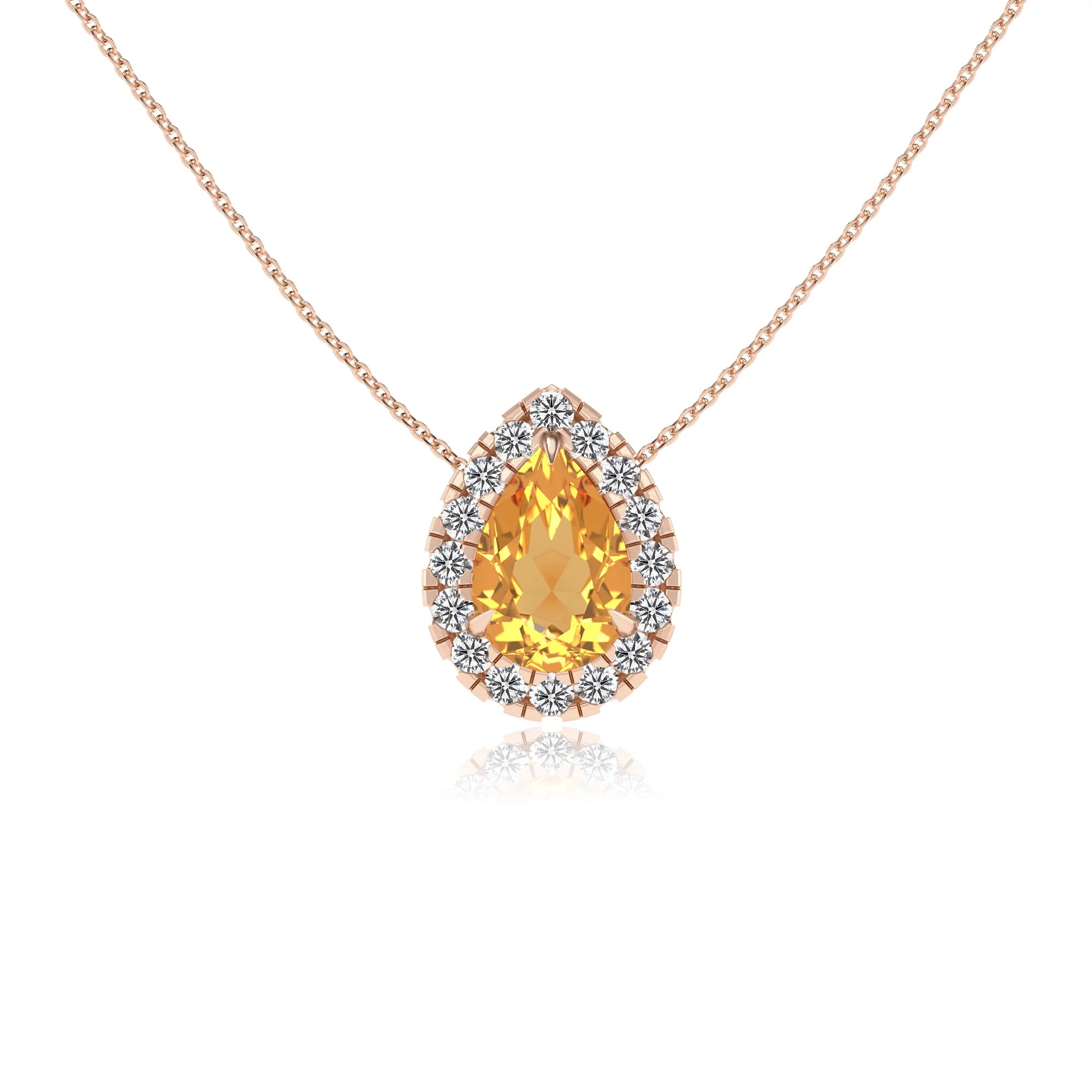 lab grown citrine pear solitaire necklaces in rose gold