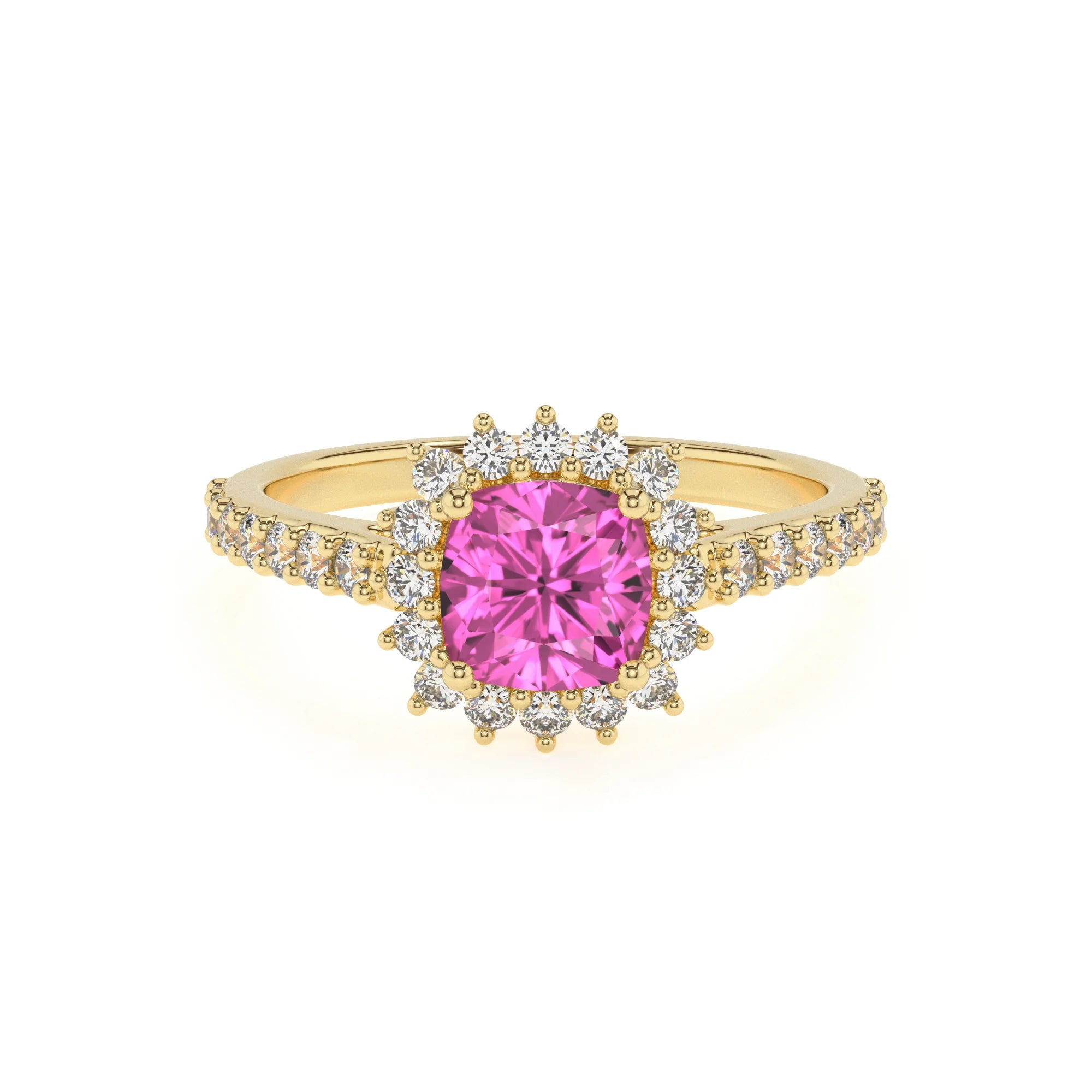 lab grown pink-sapphire cushion solitaire rings in yellow gold