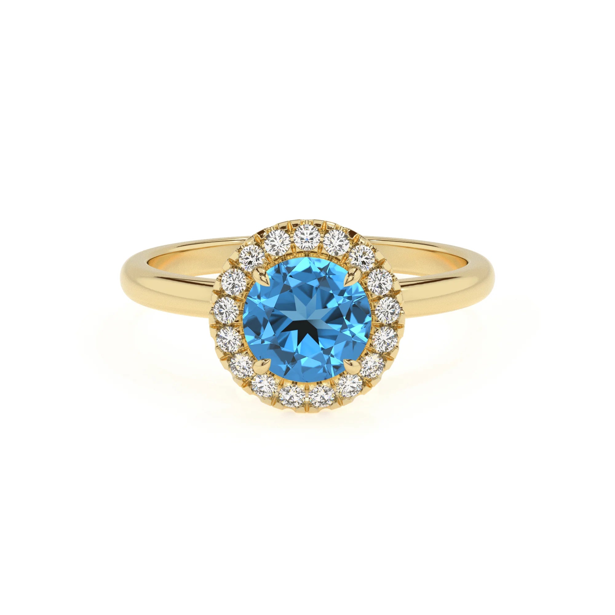natural swiss-blue-topaz round solitaire rings in yellow gold