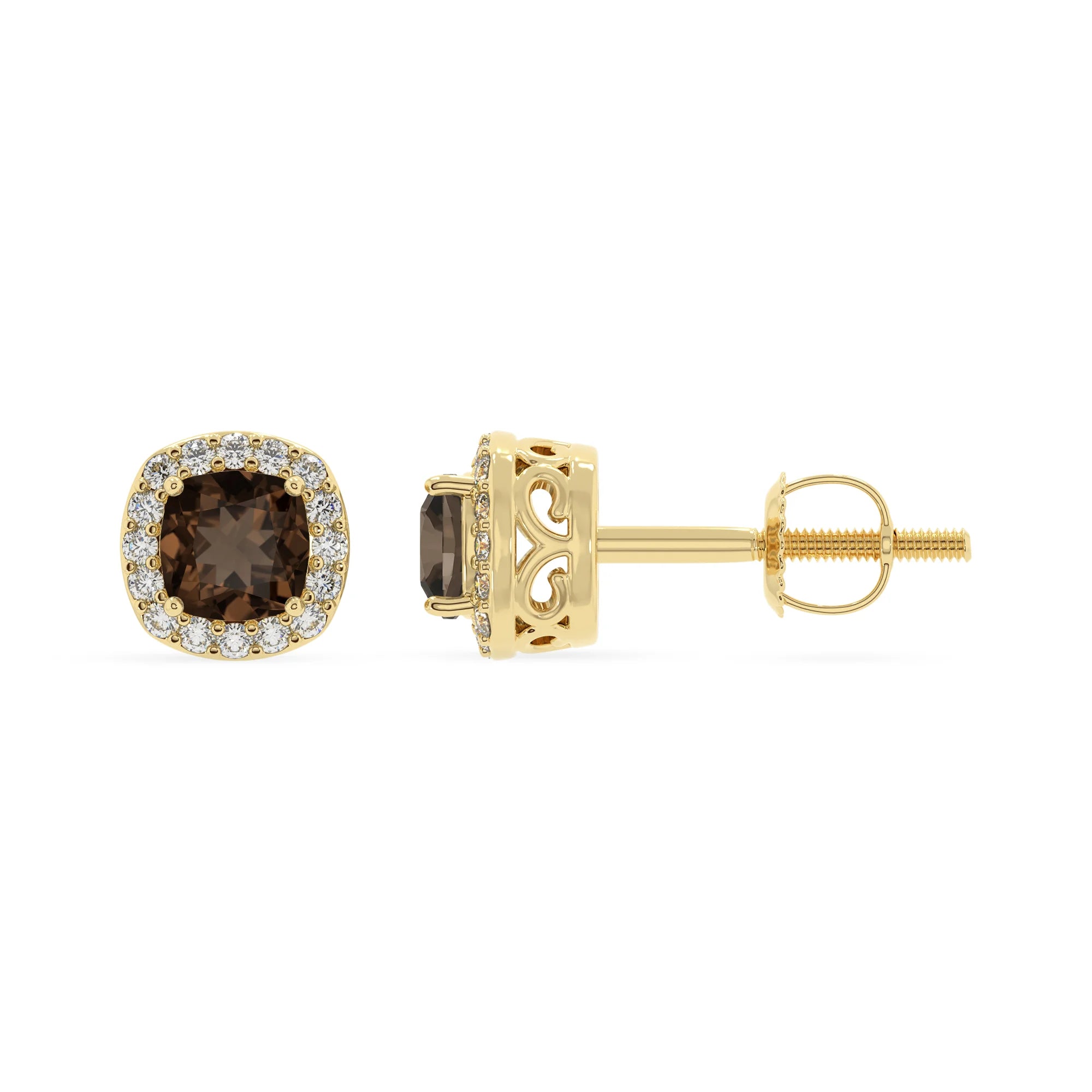 natural smoky quartz cushion stud earrings in yellow gold