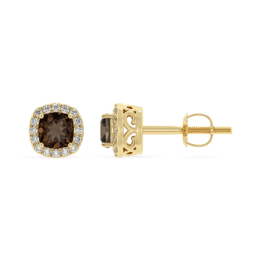 natural smoky quartz cushion stud earrings in yellow gold