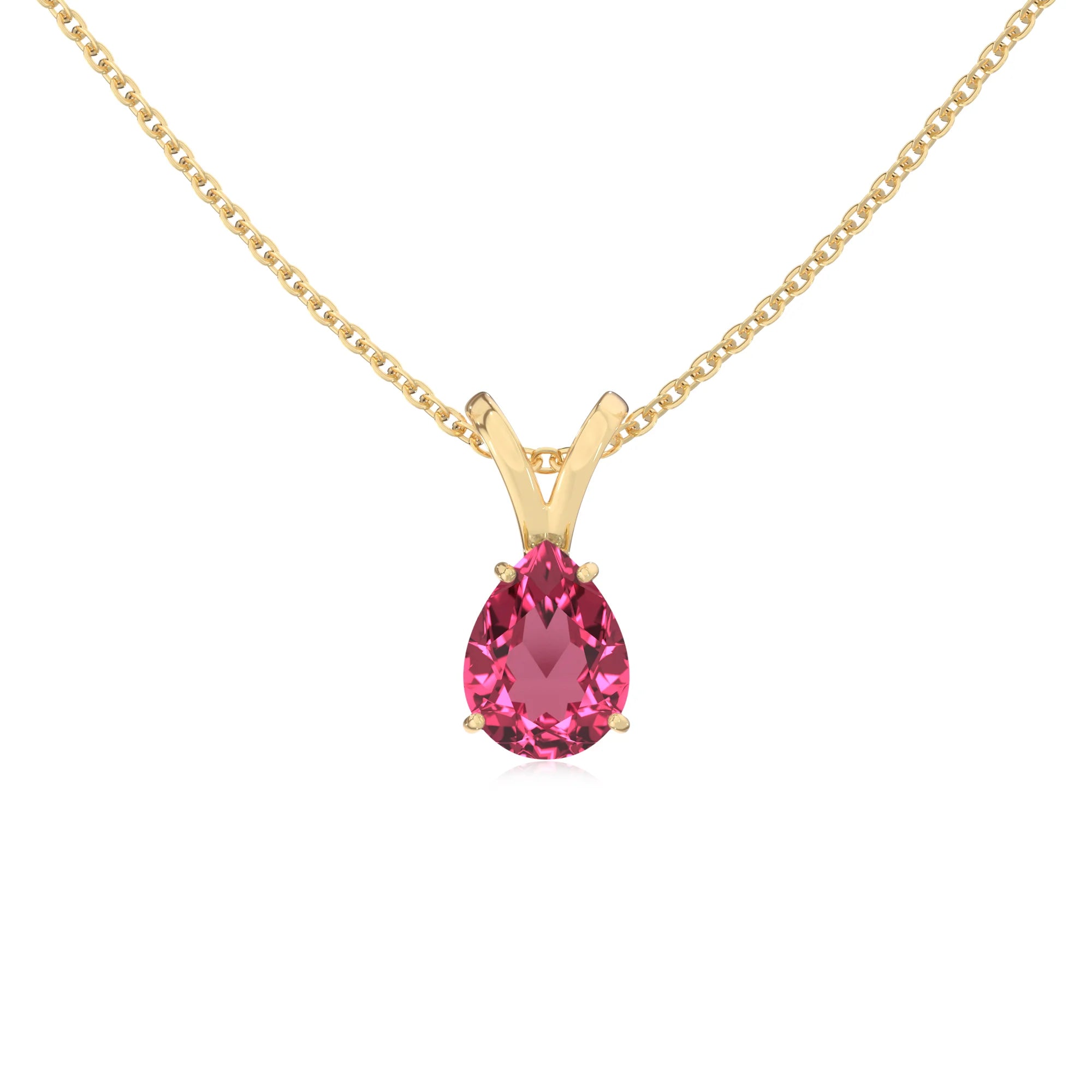 lab grown pink-tourmaline pear solitaire v-bale necklaces in yellow gold