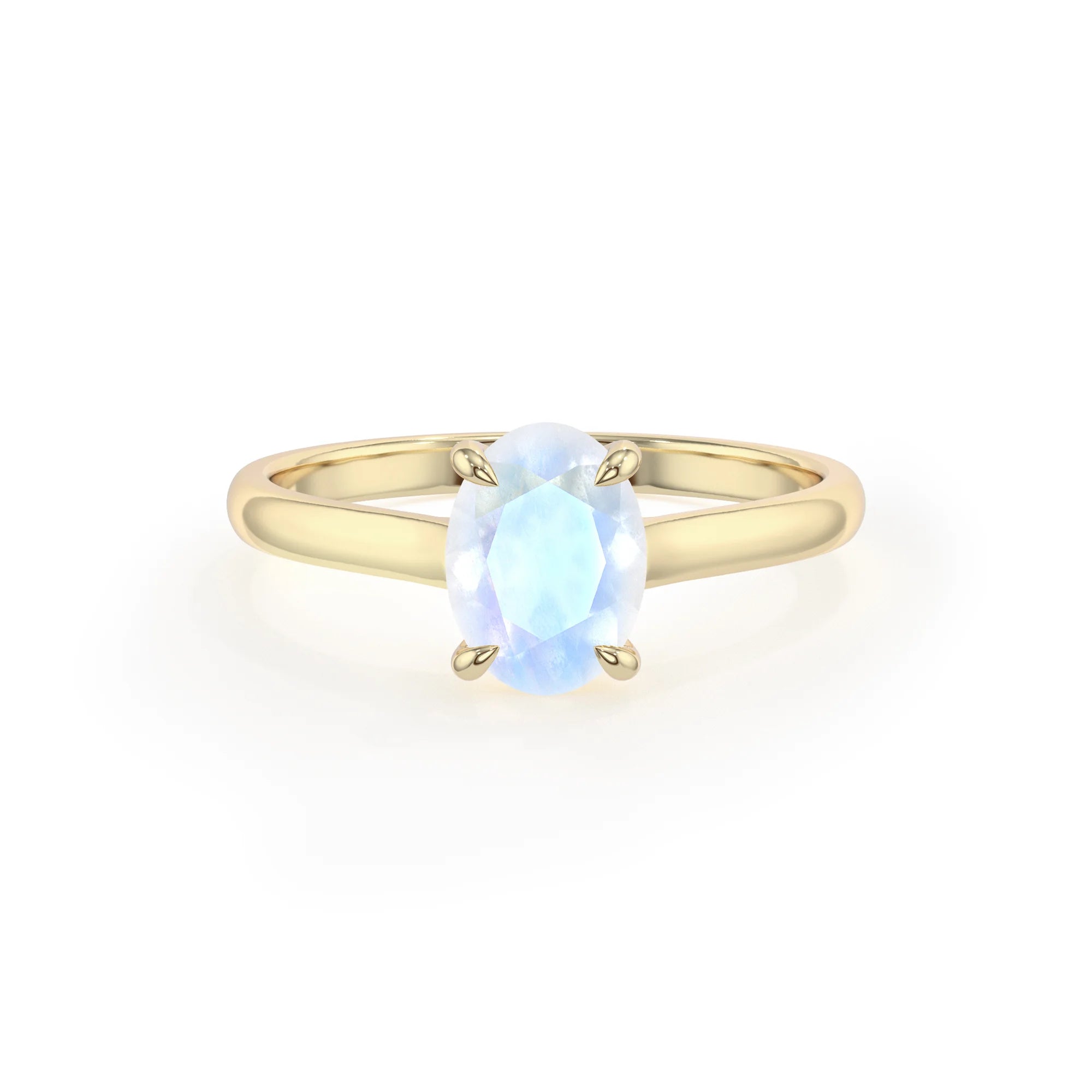 natural rainbow-moonstone oval solitaire rings in yellow gold