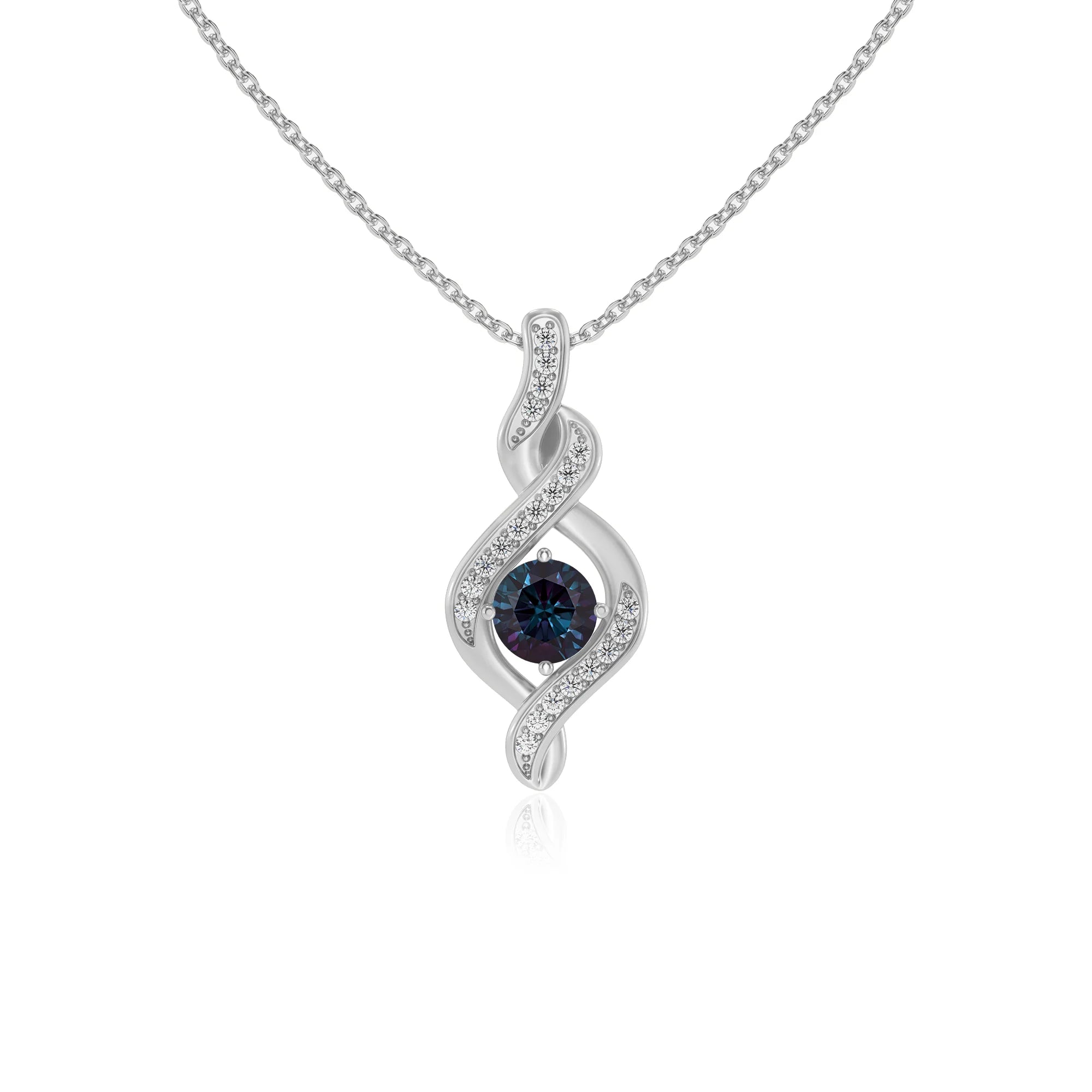 lab grown alexandrite round solitaire necklaces in white gold