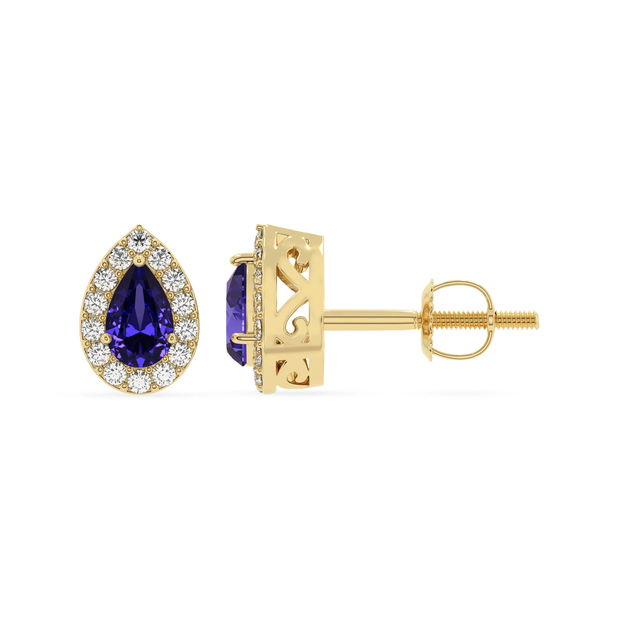 lab grown tanzanite pear stud earrings in yellow gold