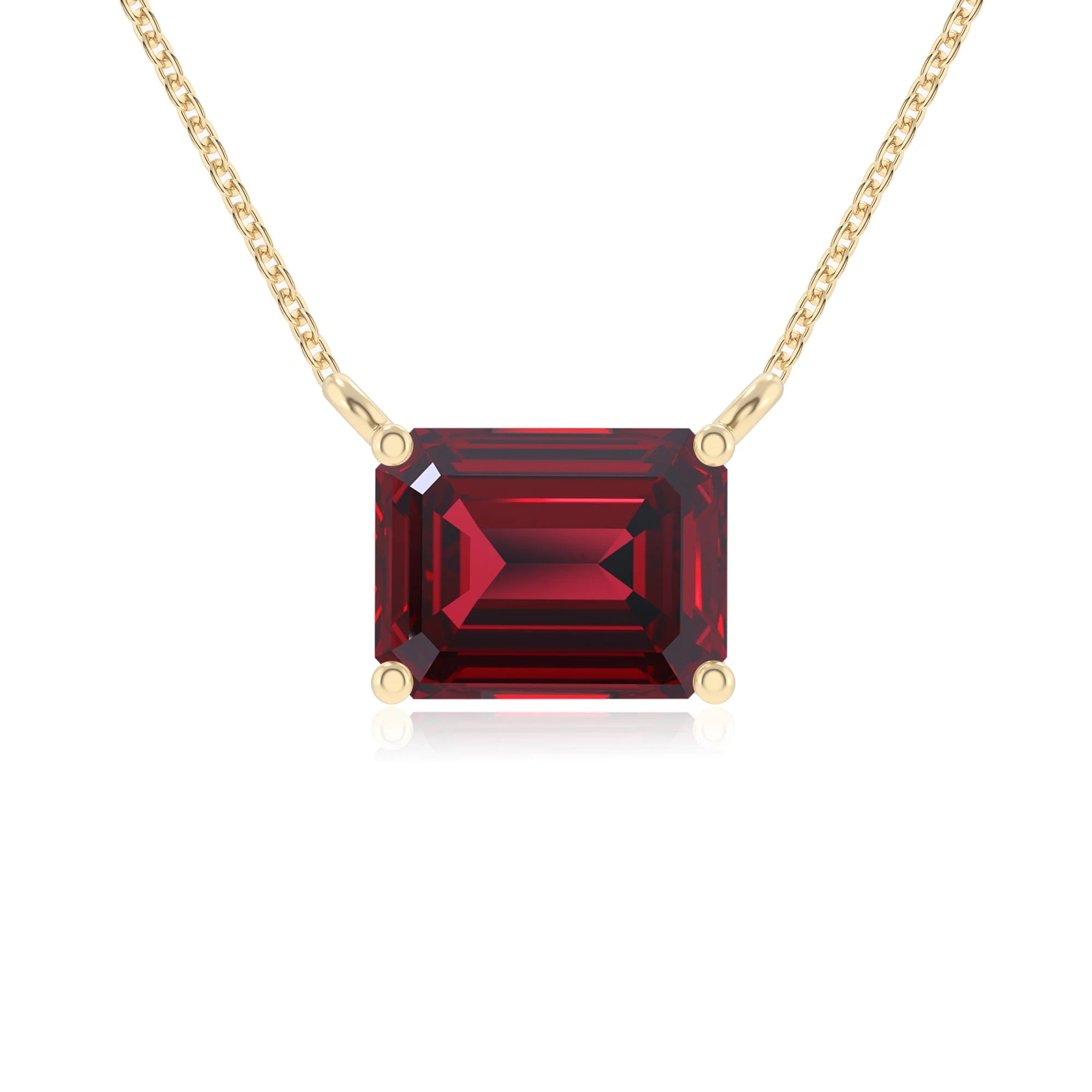 lab grown ruby emerald cut solitaire necklaces in yellow gold