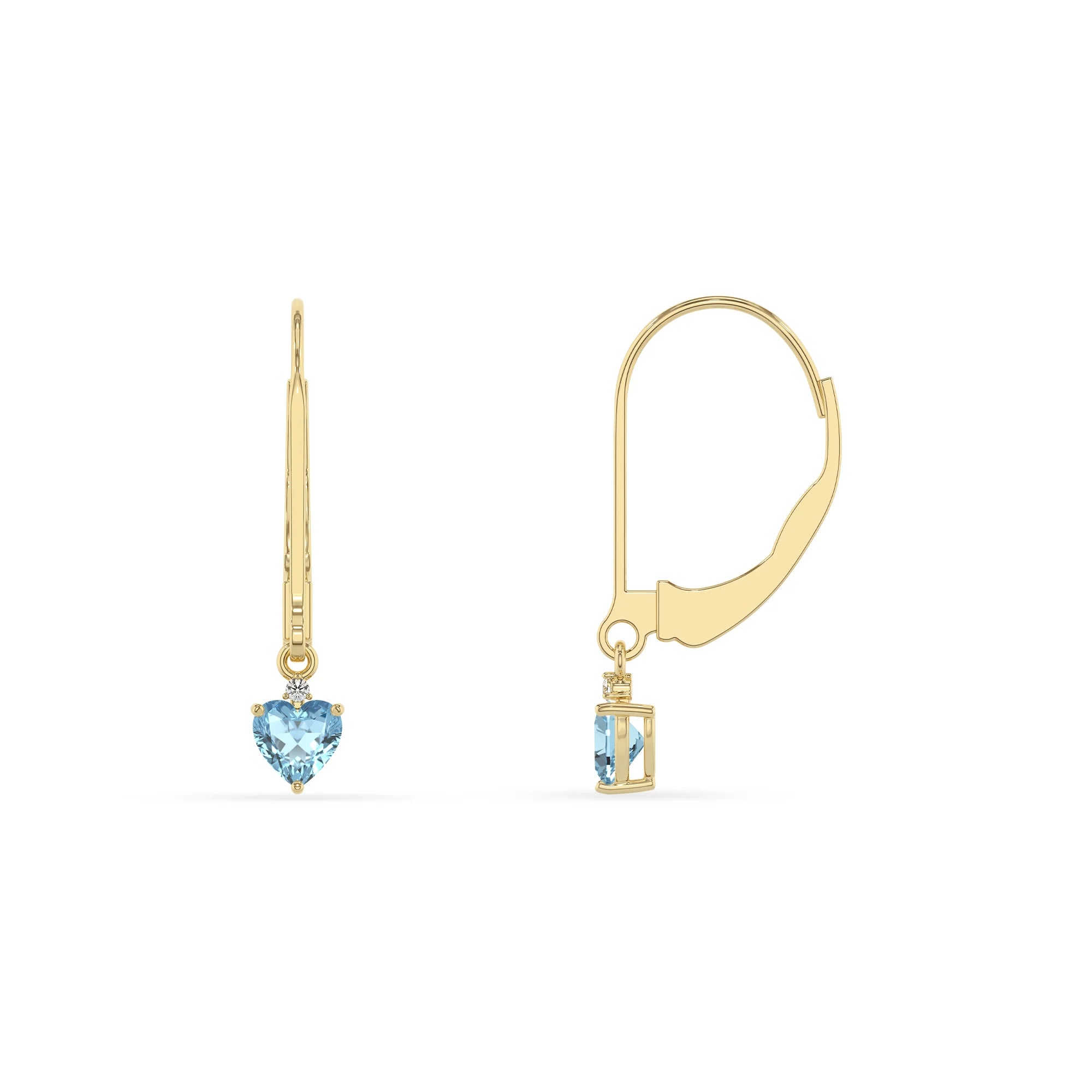 lab grown aquamarine heart drop earrings in yellow gold