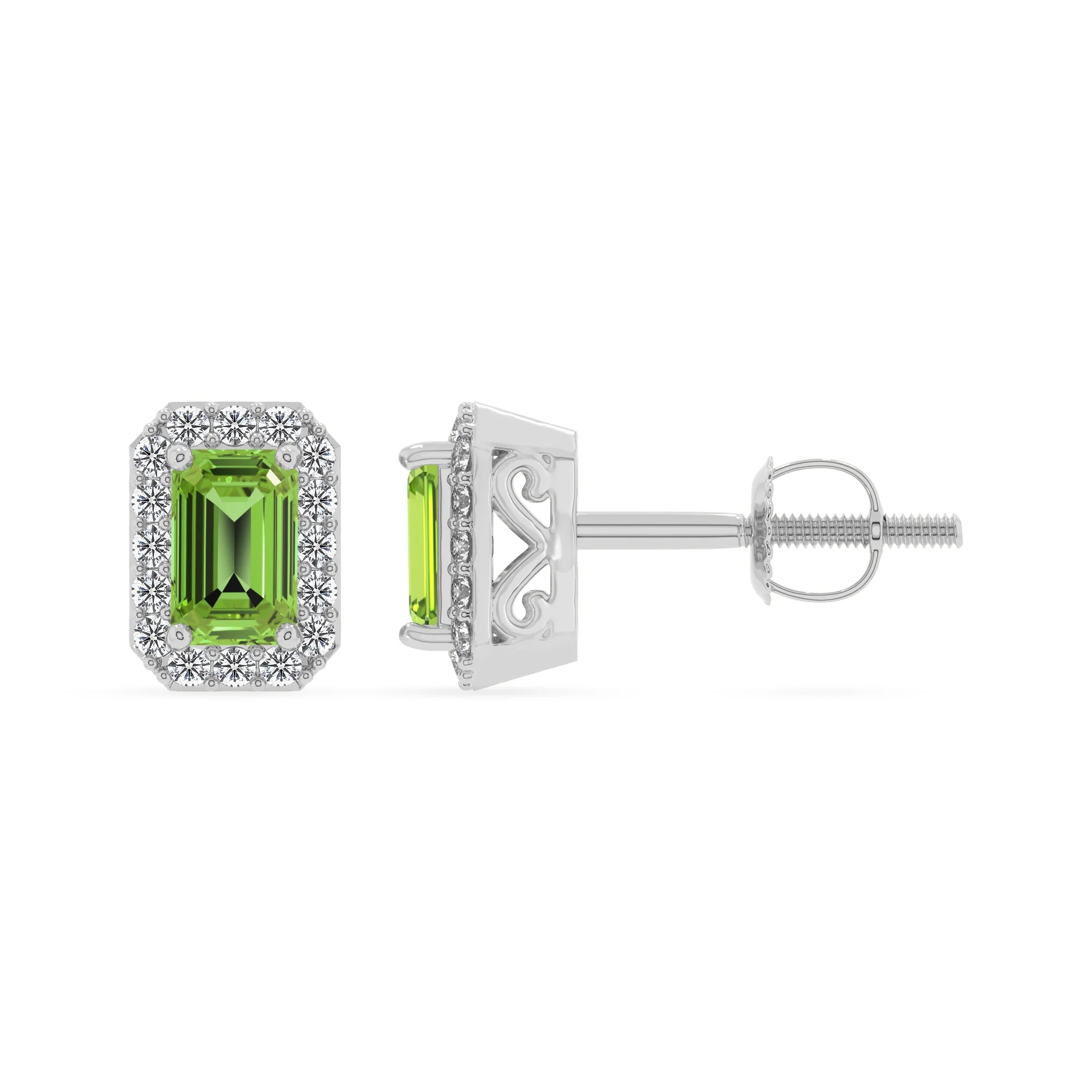 natural peridot emerald cut stud earrings in platinum