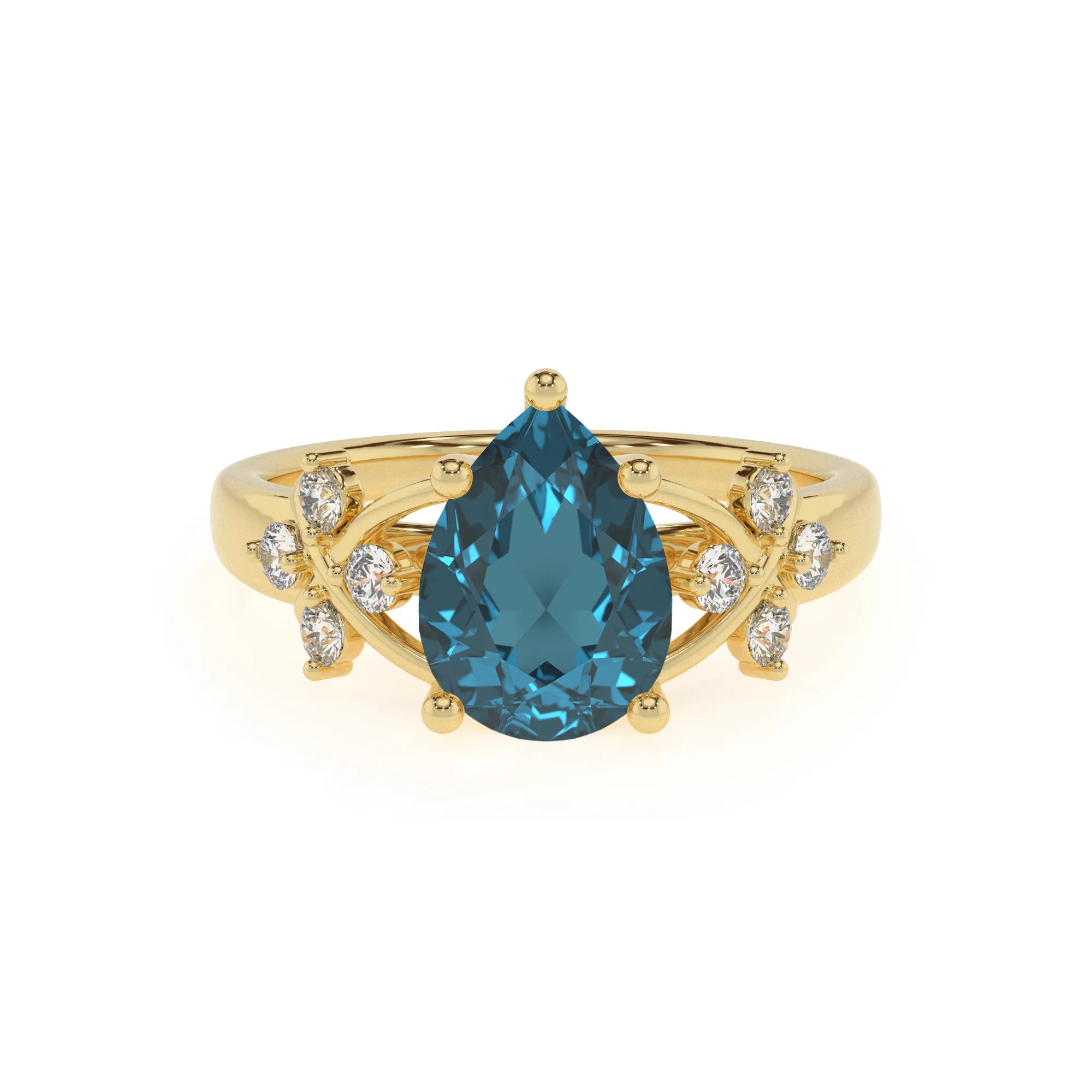natural london-blue-topaz pear solitaire rings in yellow gold
