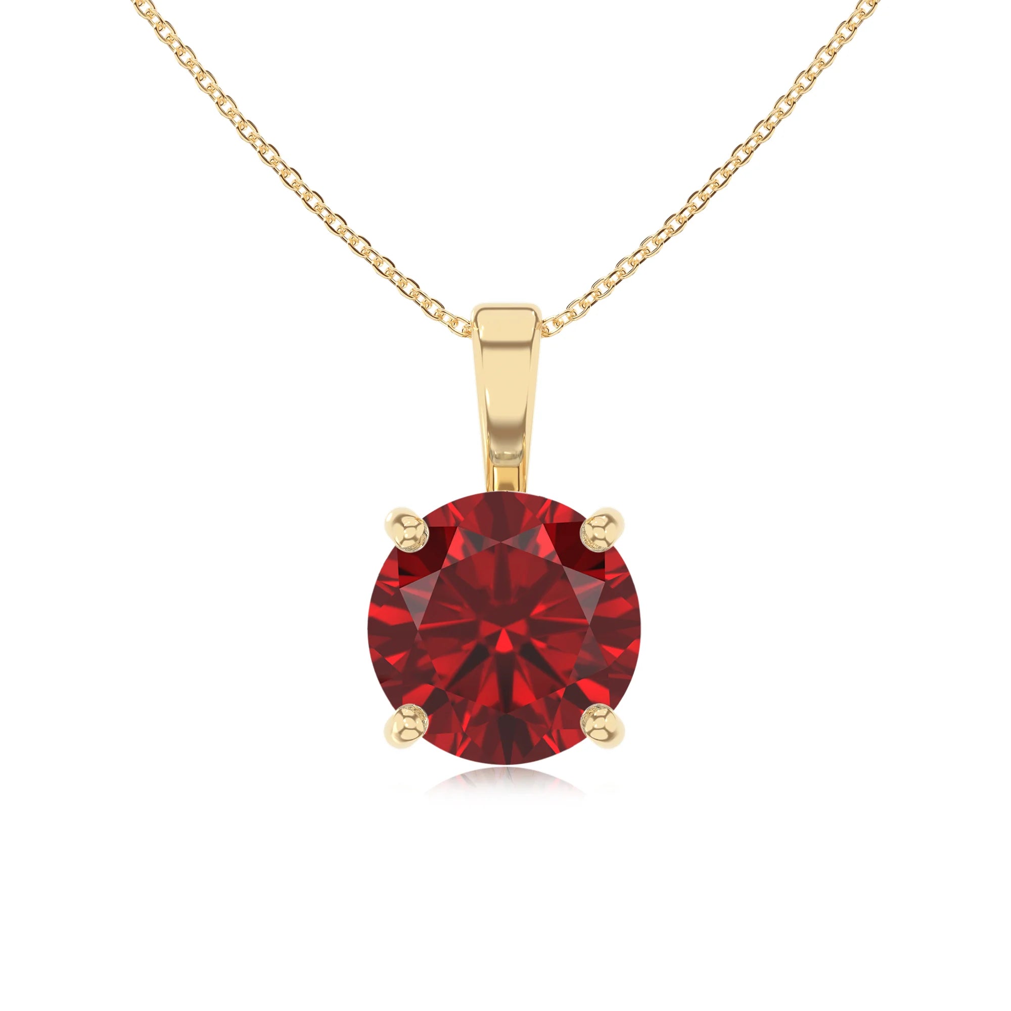 lab grown ruby round solitaire necklaces in yellow gold